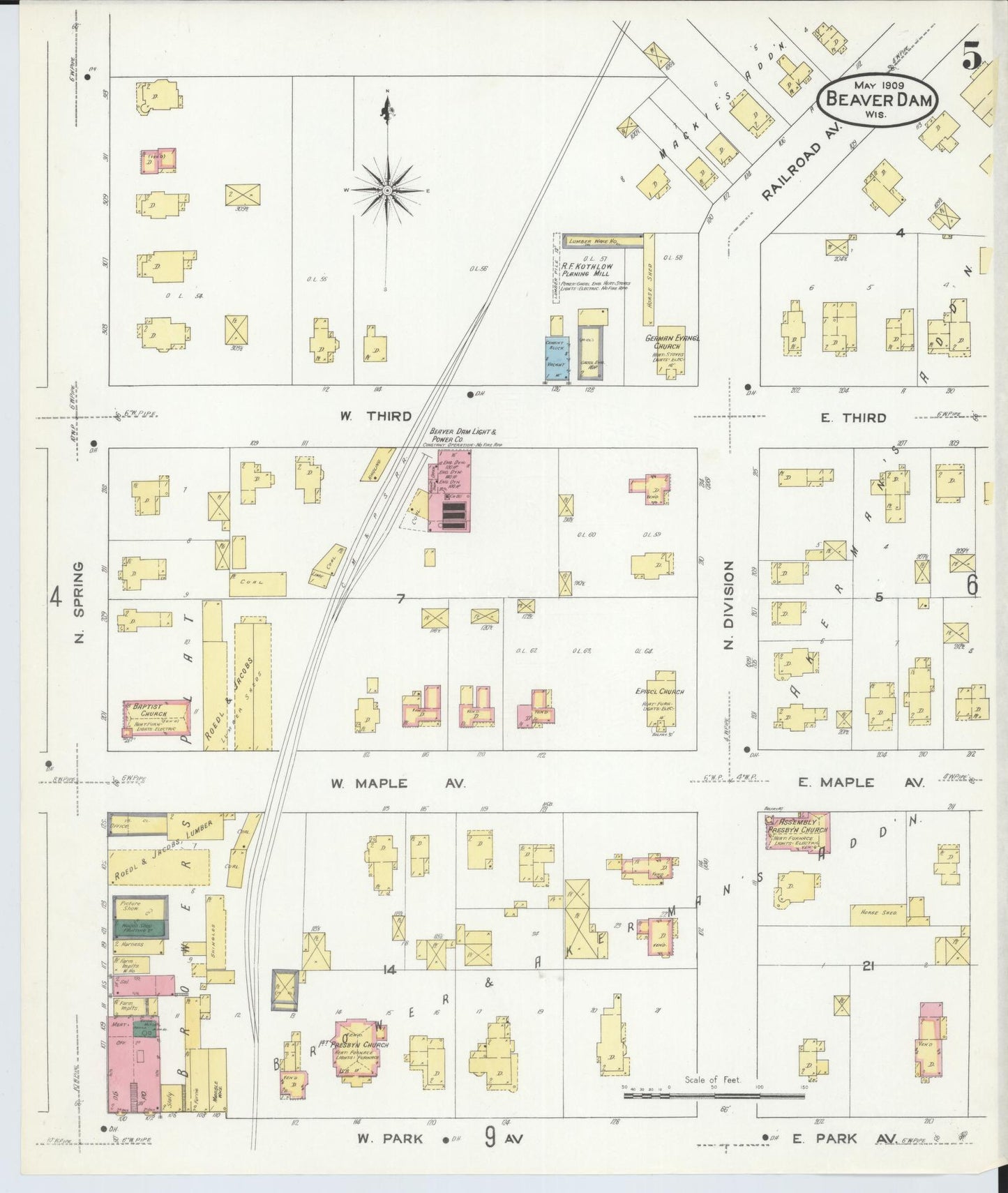 Sanborn Fire Insurance Map from Beaver Dam, Dodge County, Wisconsin (1909), Sheet #0005 - Historic Sanborn Fire Insurance Map Print, vintage old map wall art, antique decor, genealogy gift, Wisconsin Wisconsin map