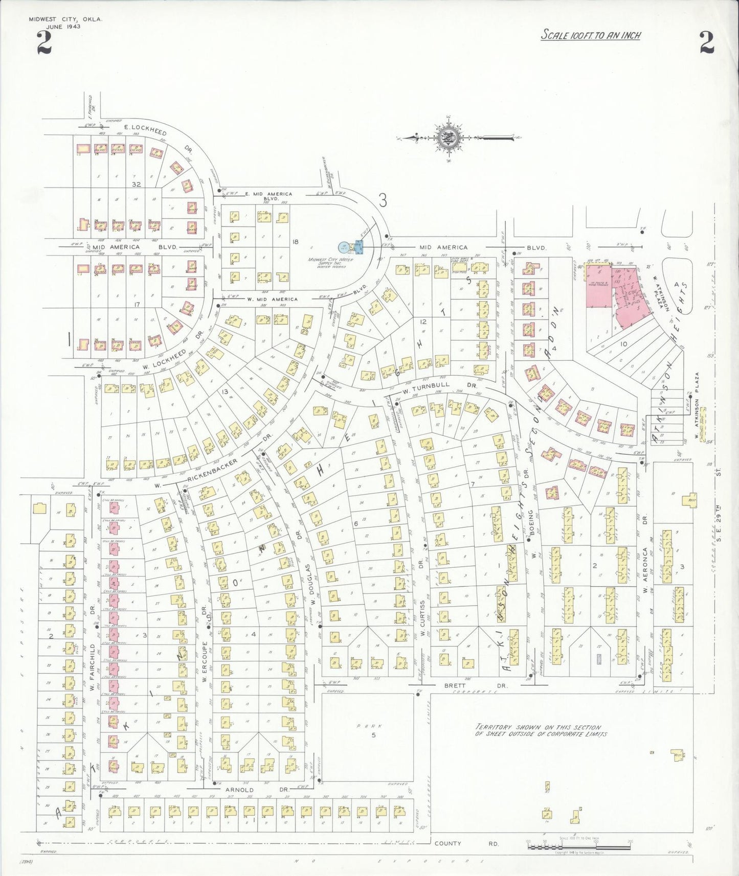 Sanborn Fire Insurance Map from Midwest City, Oklahoma County, Oklahoma (1943), Sheet #0002 - Historic Sanborn Fire Insurance Map Print, vintage old map wall art, antique decor, genealogy gift, Midwest City Oklahoma map