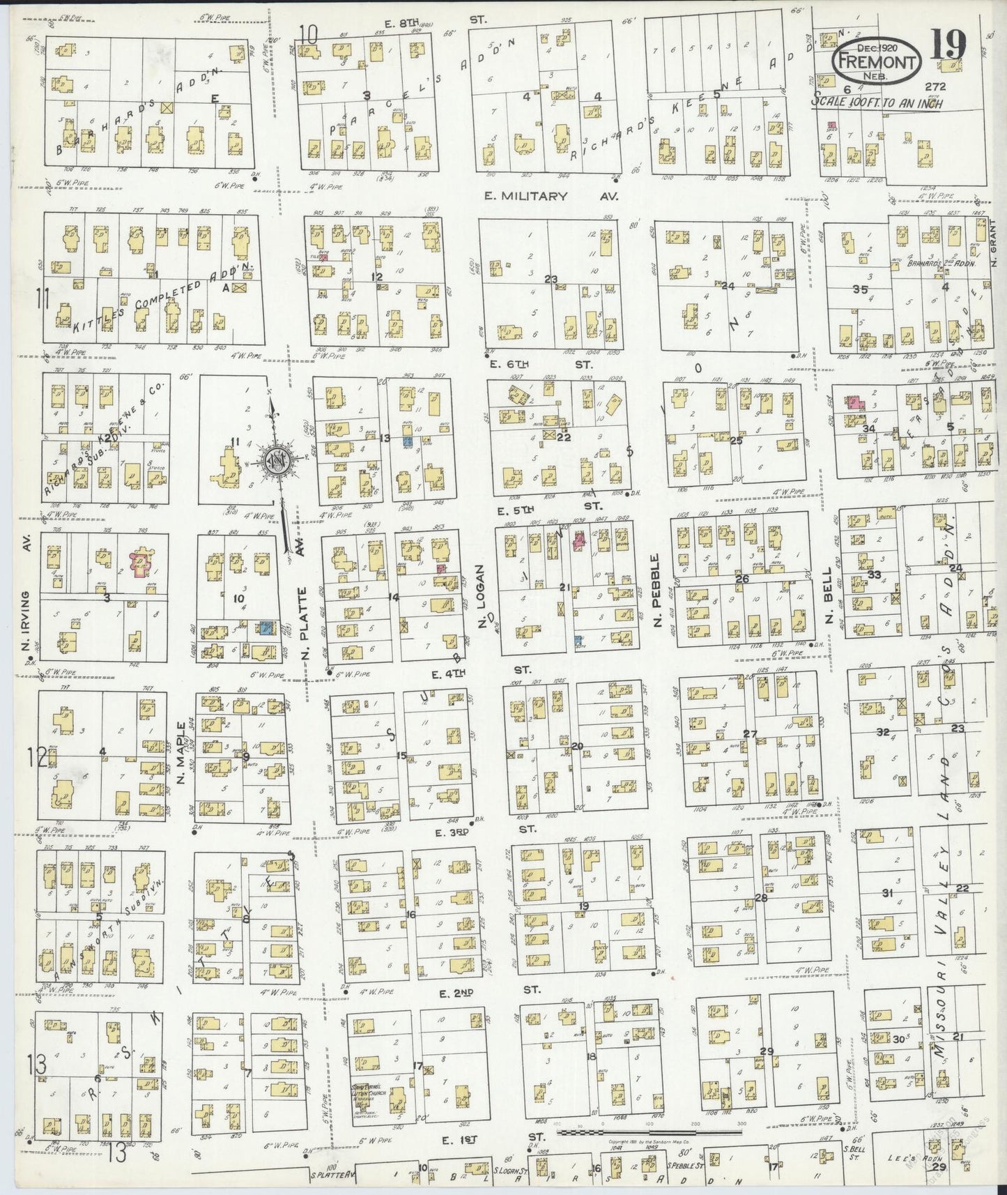 Sanborn Fire Insurance Map from Fremont, Dodge County, Nebraska (1920), Sheet #0019 - Historic Sanborn Fire Insurance Map Print, vintage old map wall art, antique decor, genealogy gift, Nebraska Nebraska map