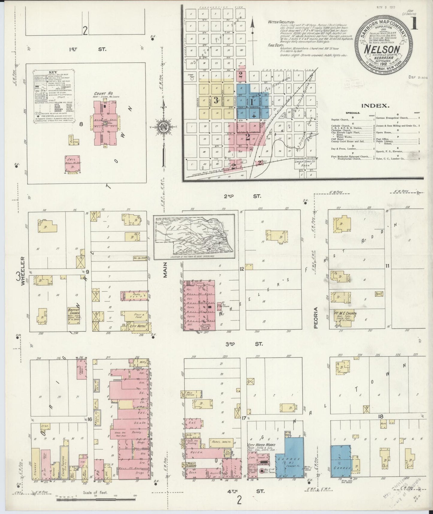 Sanborn Fire Insurance Map from Nelson, Nuckolls County, Nebraska (1912), Sheet #0001 - Historic Sanborn Fire Insurance Map Print, vintage old map wall art, antique decor, genealogy gift, Nebraska Nebraska map