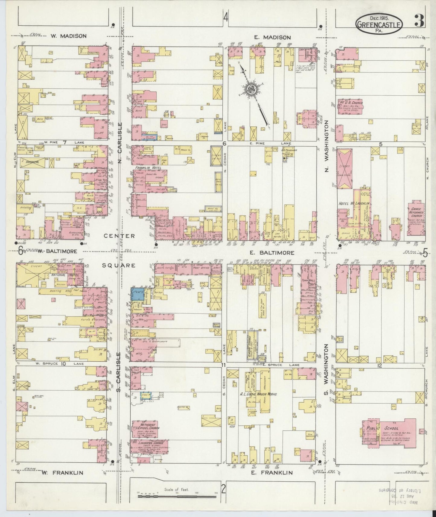 Sanborn Fire Insurance Map from Greencastle, Franklin County, Pennsylvania (1915), Sheet #0003 - Historic Sanborn Fire Insurance Map Print, vintage old map wall art, antique decor, genealogy gift, Pennsylvania Pennsylvania map