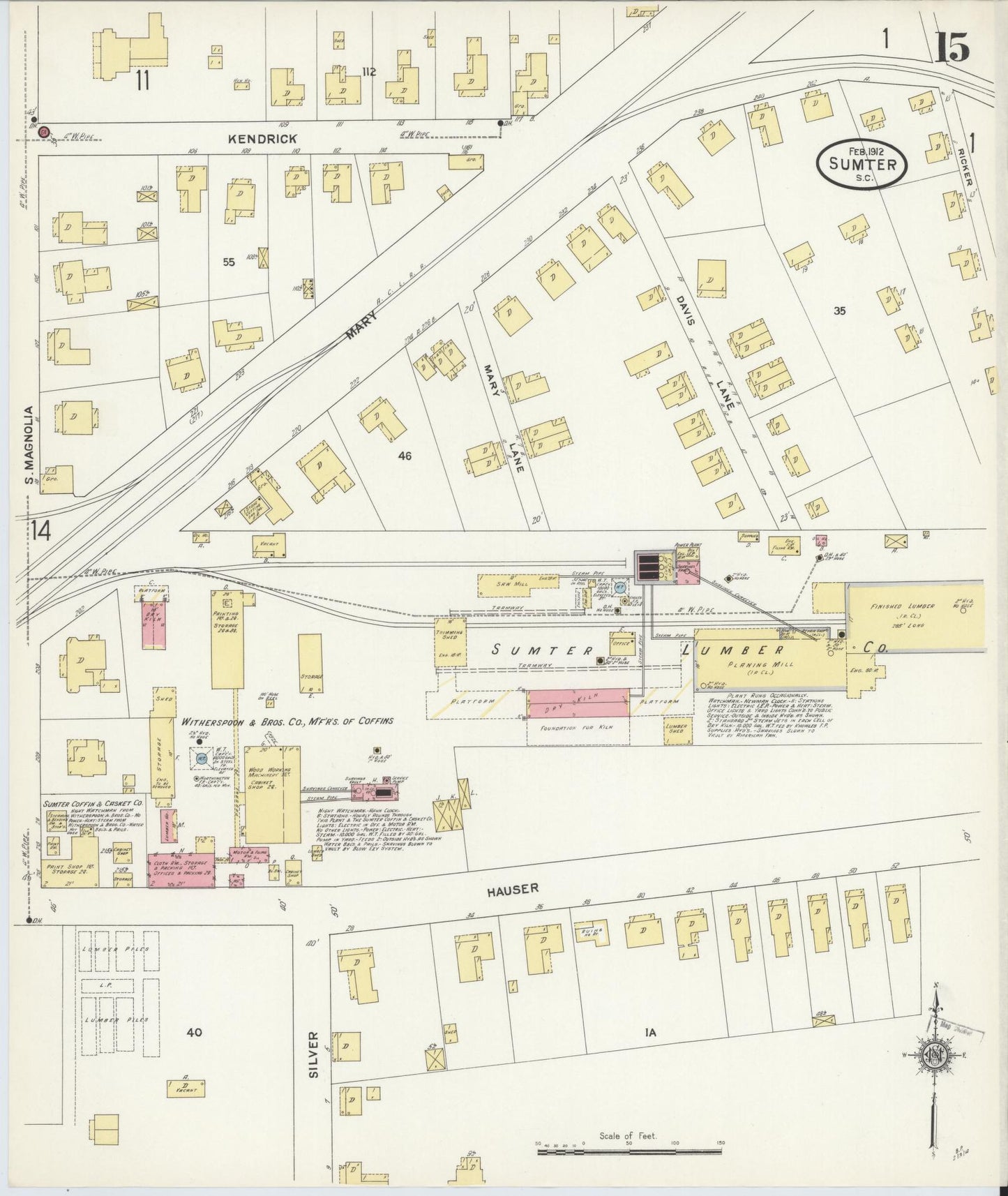 Sanborn Fire Insurance Map from Sumter, Sumter County, South Carolina (1912), Sheet #0015 - Historic Sanborn Fire Insurance Map Print, vintage old map wall art, antique decor, genealogy gift, South Carolina South Carolina map