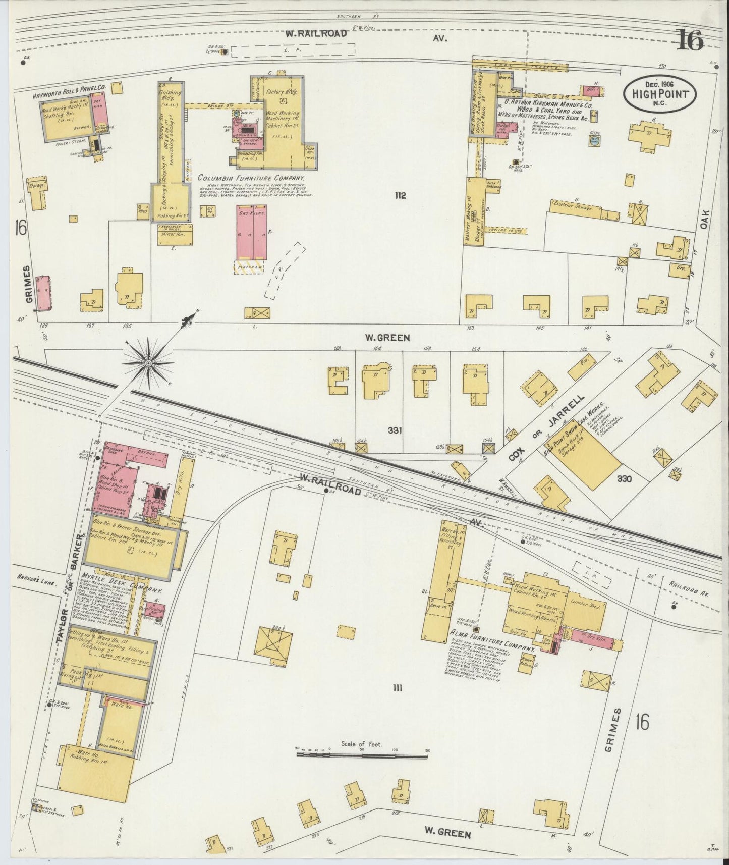 Sanborn Fire Insurance Map from High Point, Guilford County, North Carolina (1906), Sheet #0016 - Historic Sanborn Fire Insurance Map Print, vintage old map wall art, antique decor, genealogy gift, North Carolina North Carolina map