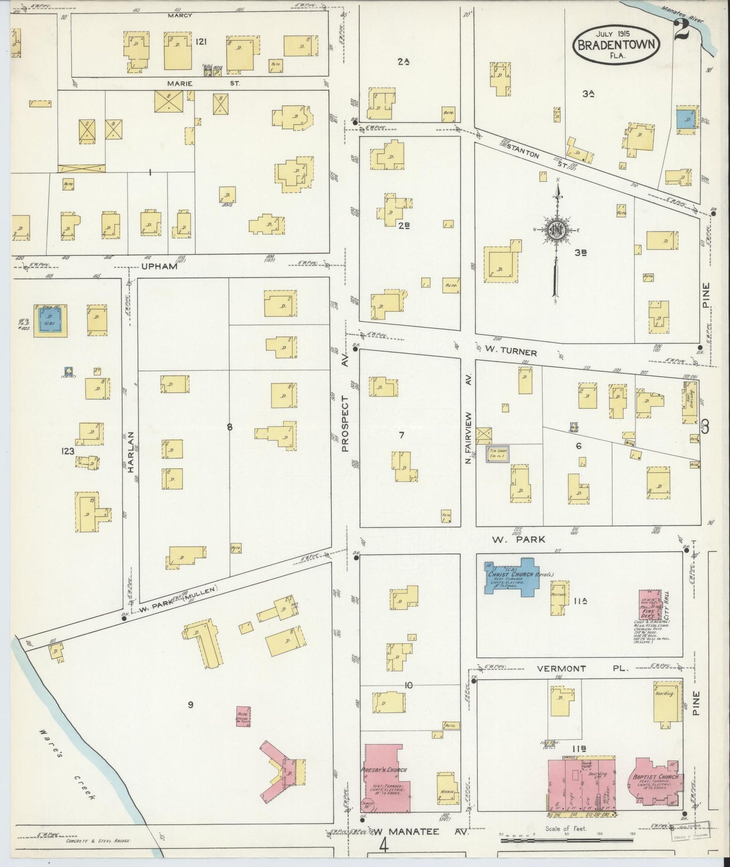 Sanborn Fire Insurance Map from Bradentown, Manatee County, Florida (1915), Sheet #0002 - Complete Map Set gallery image, historic Sanborn map, vintage wall art, Florida Florida