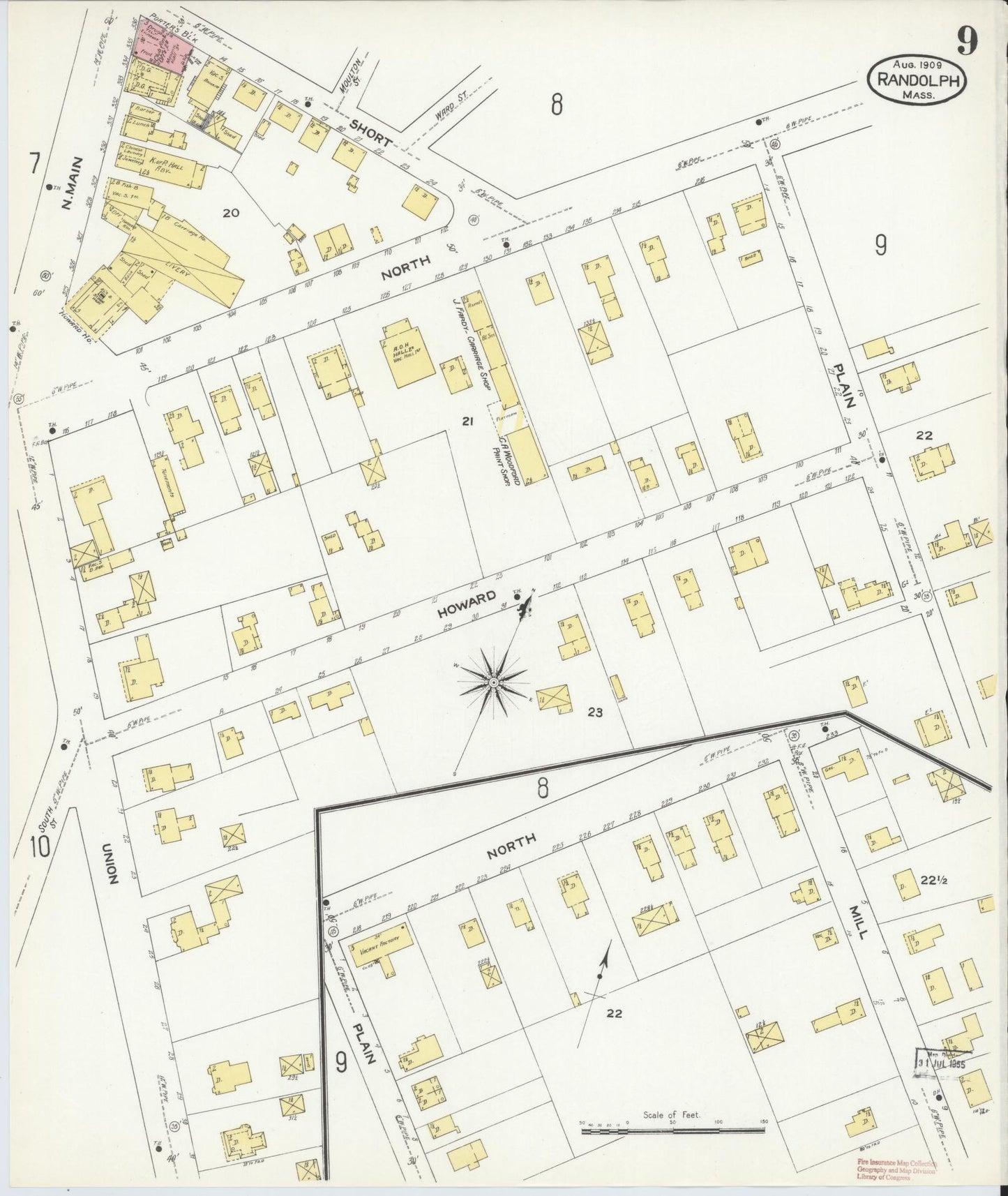 Sanborn Fire Insurance Map from Randolph, Norfolk County, Massachusetts (1909), Sheet #0009 - Historic Sanborn Fire Insurance Map Print, vintage old map wall art, antique decor, genealogy gift, Massachusetts Massachusetts map