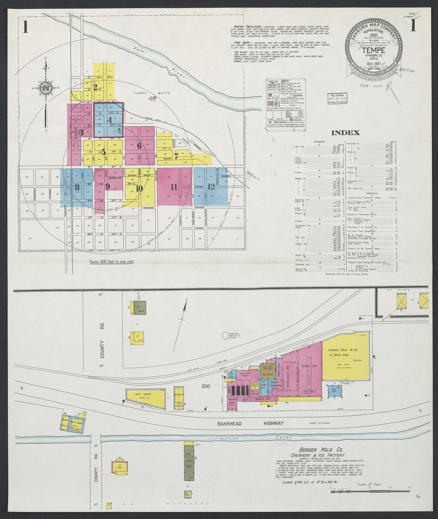 Sanborn Fire Insurance Map from Tempe, Maricopa County, Arizona (1927), Sheet #0001 - Historic Sanborn Fire Insurance Map Print, vintage old map wall art, antique decor, genealogy gift, Arizona Arizona map