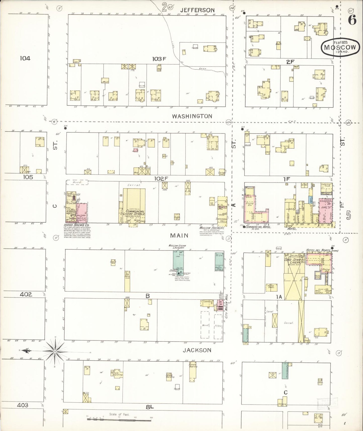 Sanborn Fire Insurance Map from Moscow, Latah County, Idaho (1893), Sheet #0006 - Historic Sanborn Fire Insurance Map Print, vintage old map wall art, antique decor, genealogy gift, Idaho Idaho map