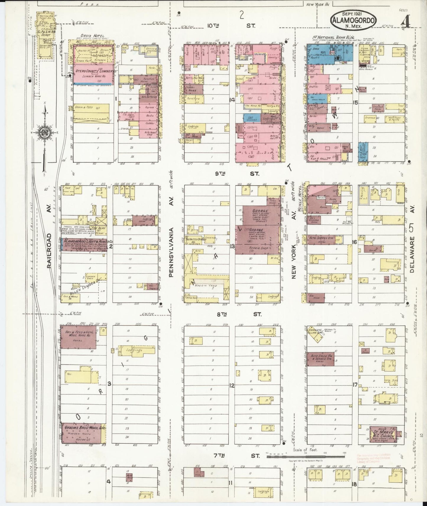 Sanborn Fire Insurance Map from Alamogordo, Otero County, New Mexico (1921), Sheet #0004 - Historic Sanborn Fire Insurance Map Print, vintage old map wall art, antique decor, genealogy gift, New Mexico New Mexico map
