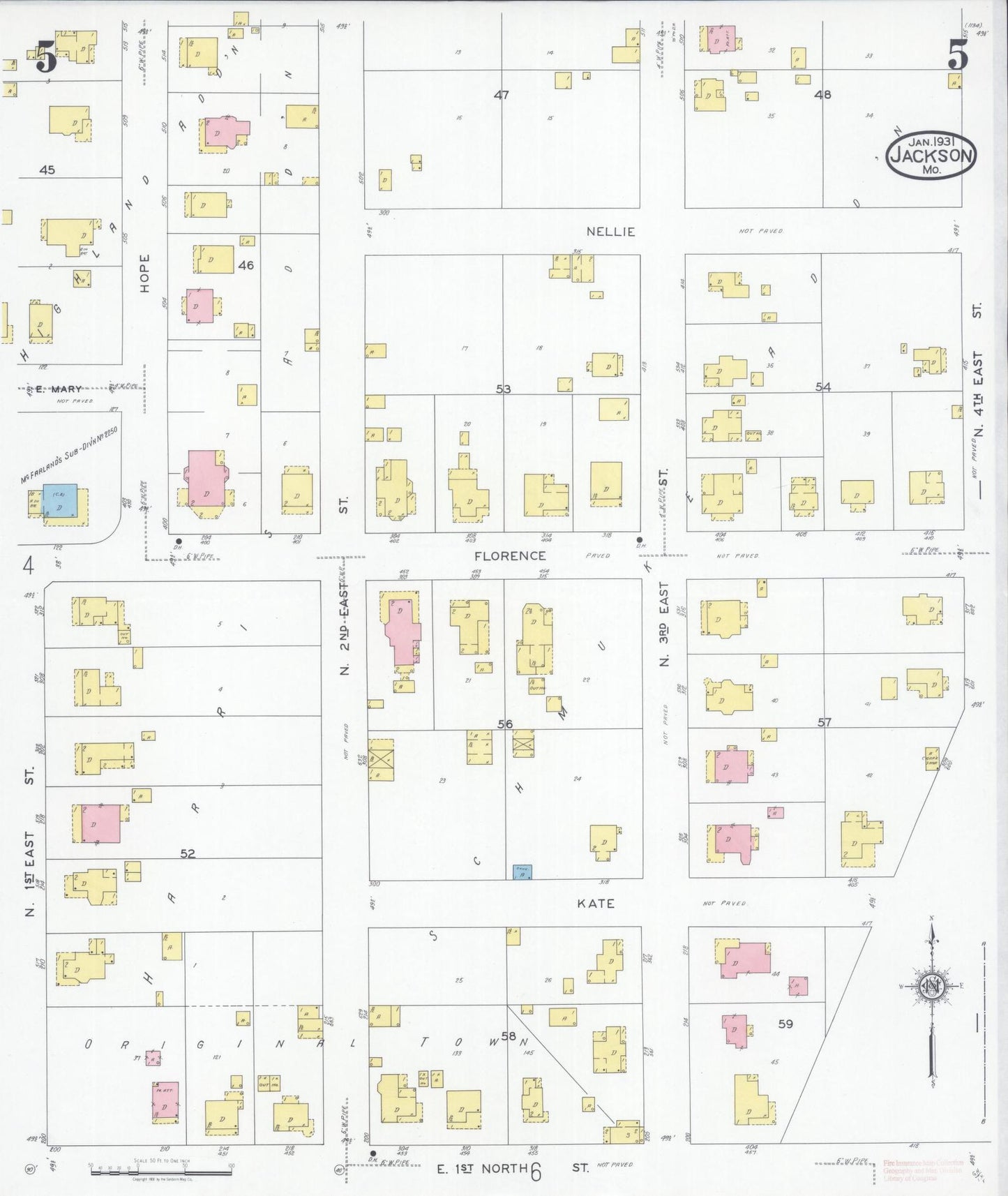 Sanborn Fire Insurance Map from Jackson, Cape Girardeau County, Missouri (1931), Sheet #0005 - Historic Sanborn Fire Insurance Map Print, vintage old map wall art, antique decor, genealogy gift, Missouri Missouri map