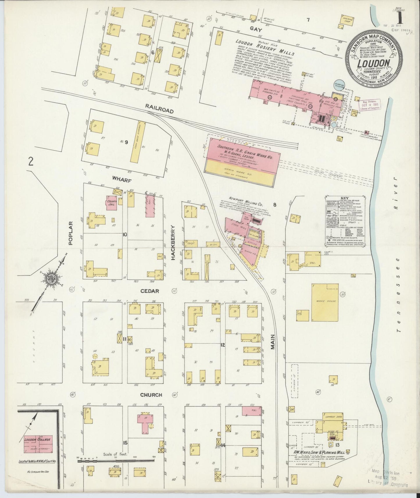 Sanborn Fire Insurance Map from Loudon, Loudon County, Tennessee (1911), Sheet #0001 - Historic Sanborn Fire Insurance Map Print, vintage old map wall art, antique decor, genealogy gift, Tennessee Tennessee map