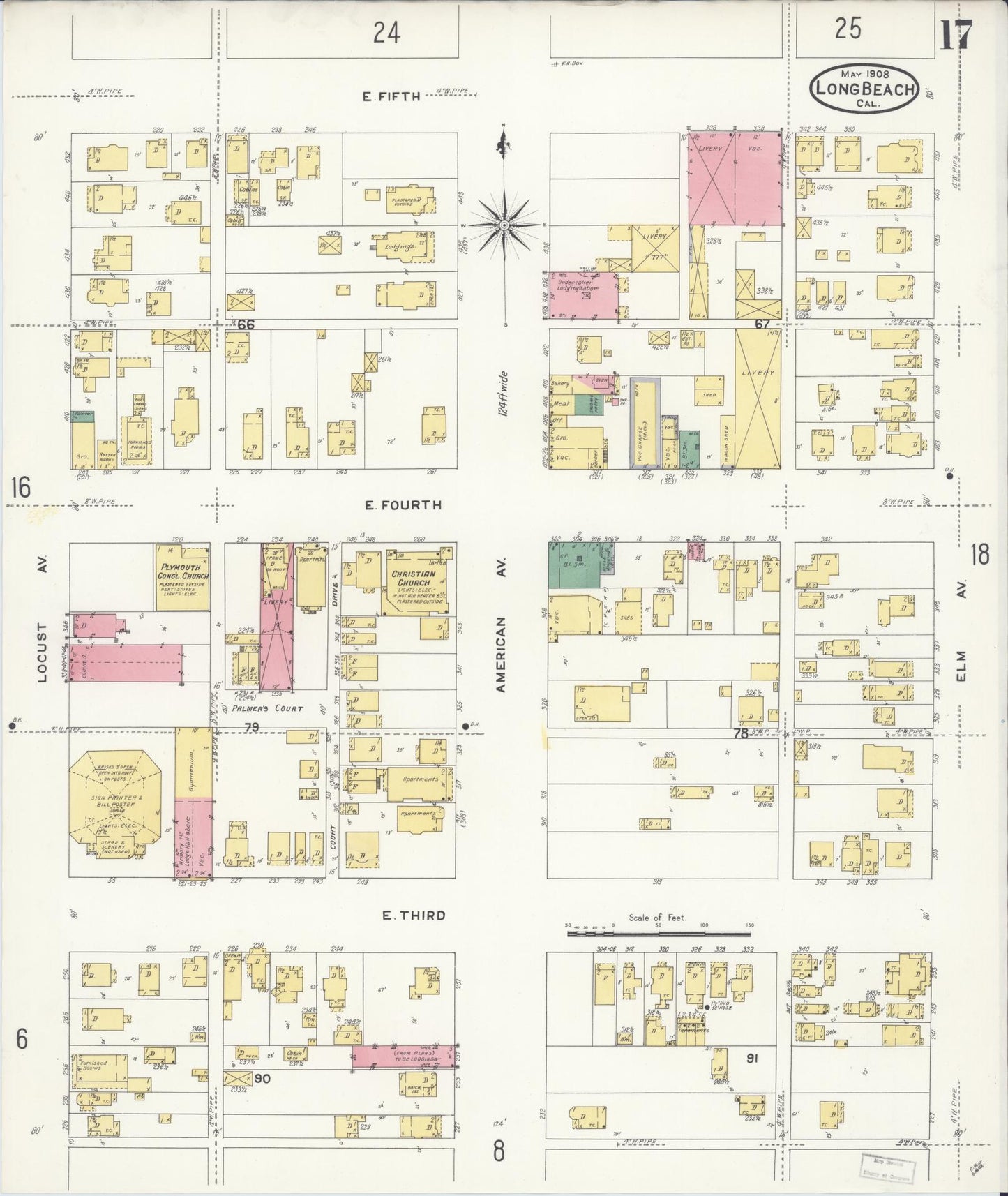 Sanborn Fire Insurance Map from Long Beach, Los Angeles County, California (1908), Sheet #0017 - Historic Sanborn Fire Insurance Map Print, vintage old map wall art, antique decor, genealogy gift, California California map