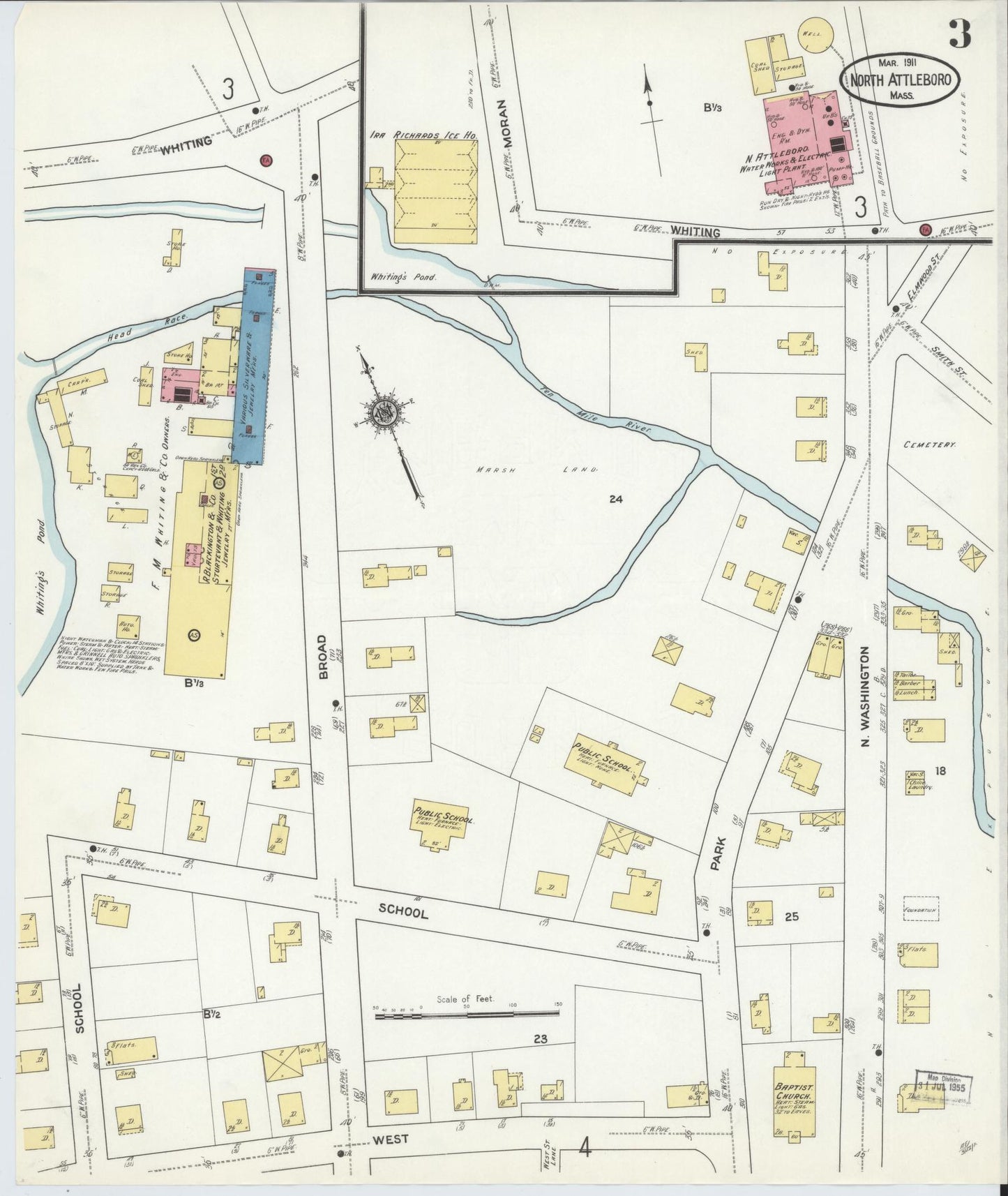 Sanborn Fire Insurance Map from North Attleborough, Bristol County, Massachusetts (1911), Sheet #0003 - Historic Sanborn Fire Insurance Map Print, vintage old map wall art, antique decor, genealogy gift, Massachusetts Massachusetts map