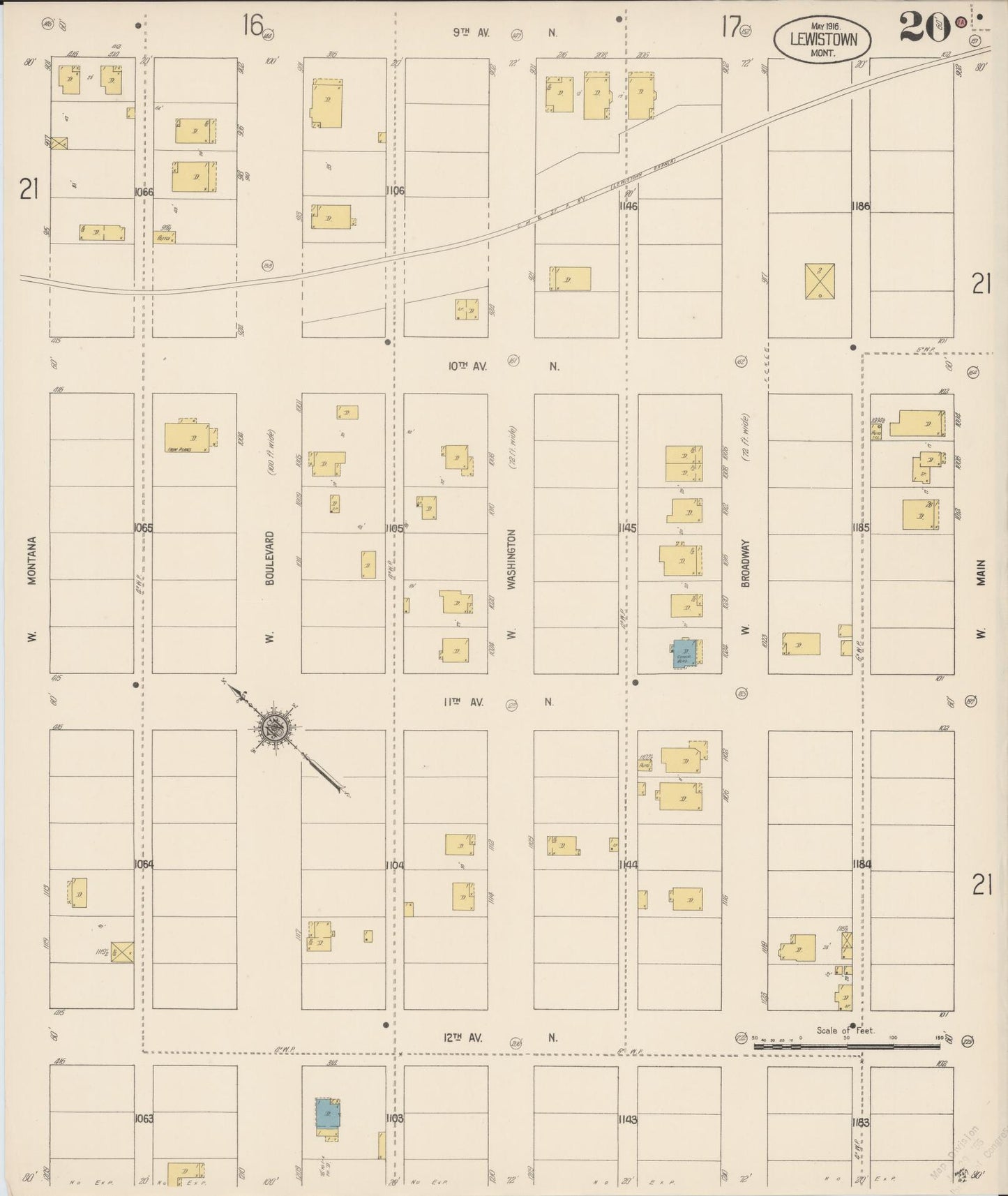 Sanborn Fire Insurance Map from Lewistown, Fergus County, Montana (1916), Sheet #0020 - Historic Sanborn Fire Insurance Map Print, vintage old map wall art, antique decor, genealogy gift, Montana Montana map