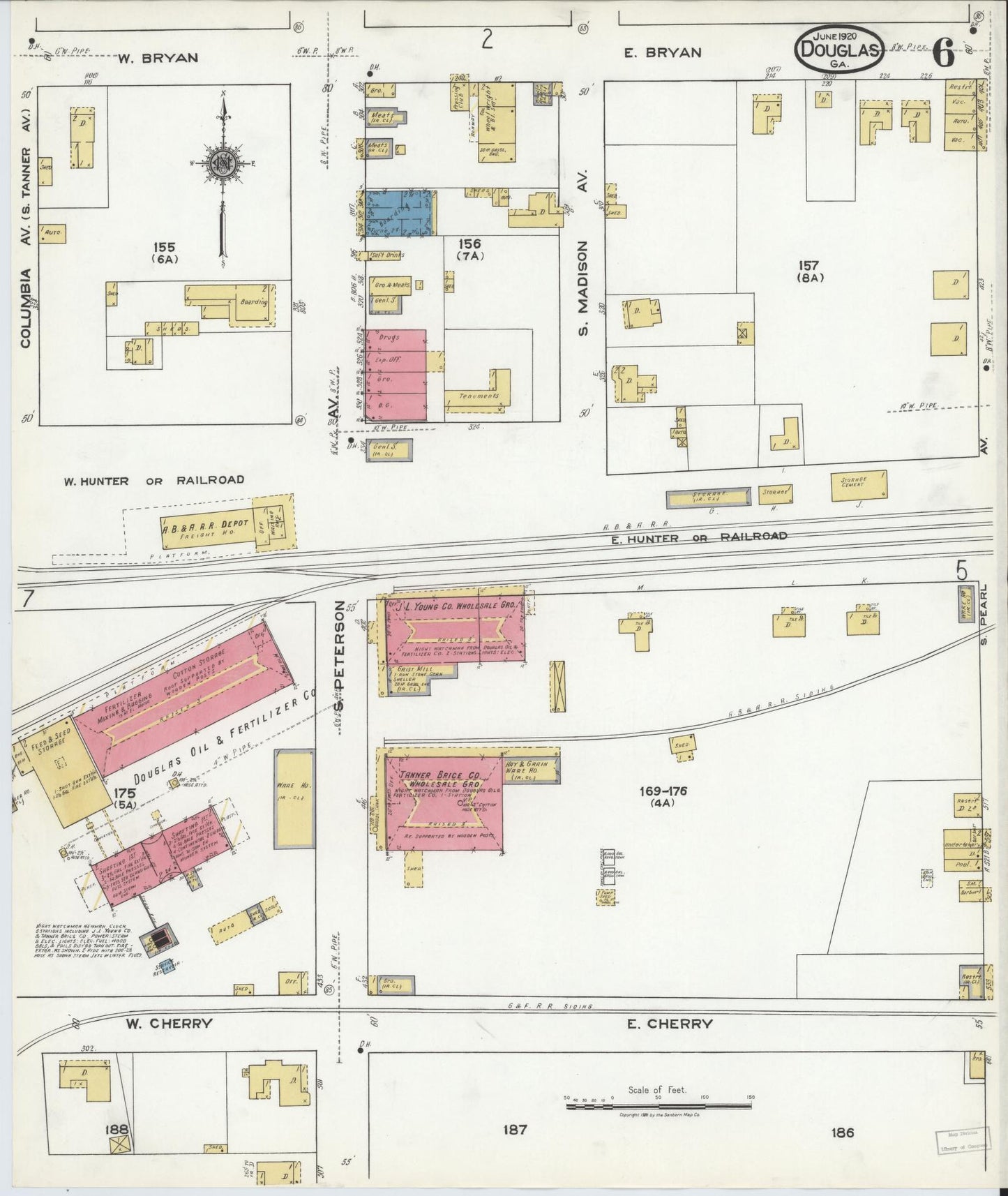 Sanborn Fire Insurance Map from Douglas, Coffee County, Georgia (1920), Sheet #0006 - Historic Sanborn Fire Insurance Map Print, vintage old map wall art, antique decor, genealogy gift, Georgia Georgia map