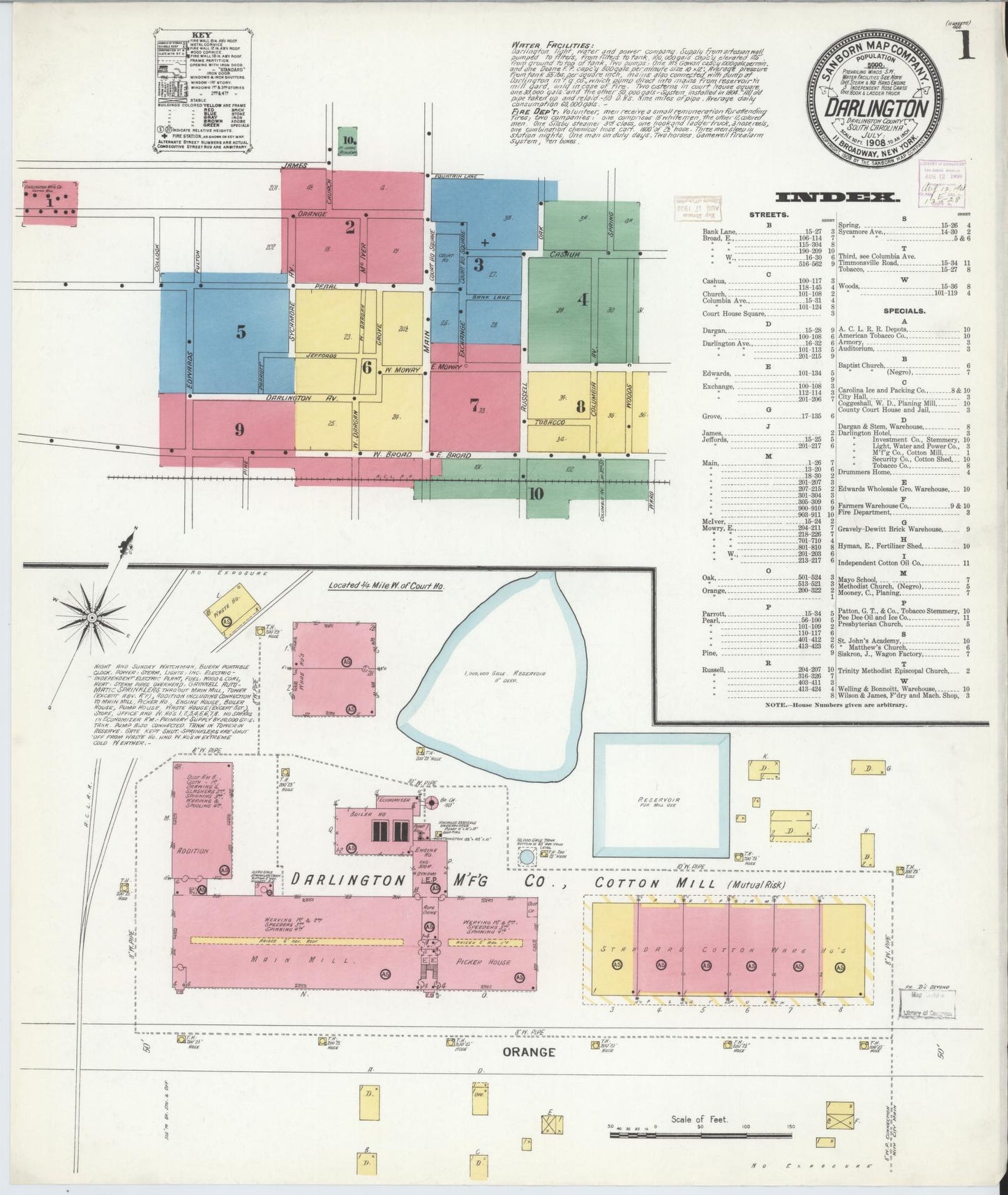 Sanborn Fire Insurance Map from Darlington, Darlington County, South Carolina (1908), Sheet #0001 - Historic Sanborn Fire Insurance Map Print, vintage old map wall art, antique decor, genealogy gift, South Carolina South Carolina map