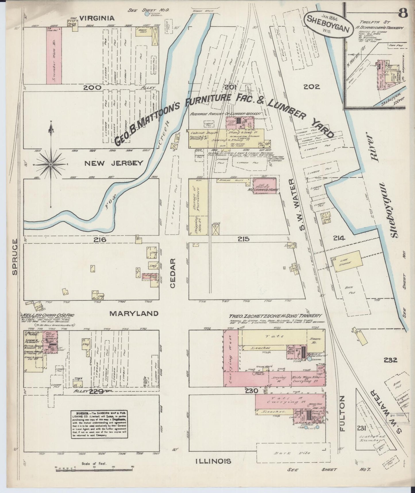 Sanborn Fire Insurance Map from Sheboygan, Sheboygan County, Wisconsin (1884), Sheet #0008 - Historic Sanborn Fire Insurance Map Print, vintage old map wall art, antique decor, genealogy gift, Wisconsin Wisconsin map