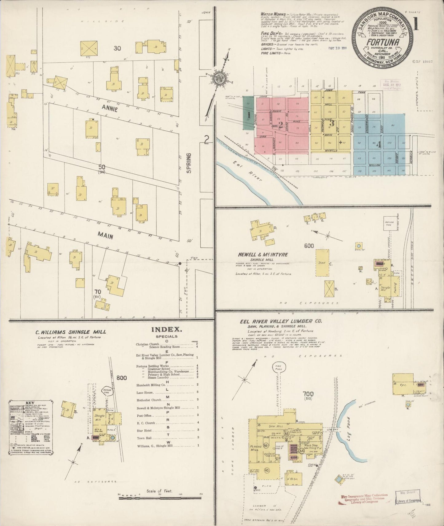 Sanborn Fire Insurance Map from Fortuna, Humboldt County, California (1911), Sheet #0001 - Historic Sanborn Fire Insurance Map Print, vintage old map wall art, antique decor, genealogy gift, California California map