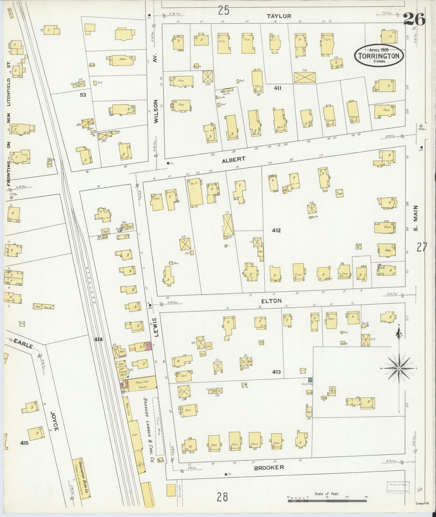 Sanborn Fire Insurance Map from Torrington, Litchfield County, Connecticut (1909), Sheet #0026 - Historic Sanborn Fire Insurance Map Print, vintage old map wall art, antique decor, genealogy gift, Connecticut Connecticut map