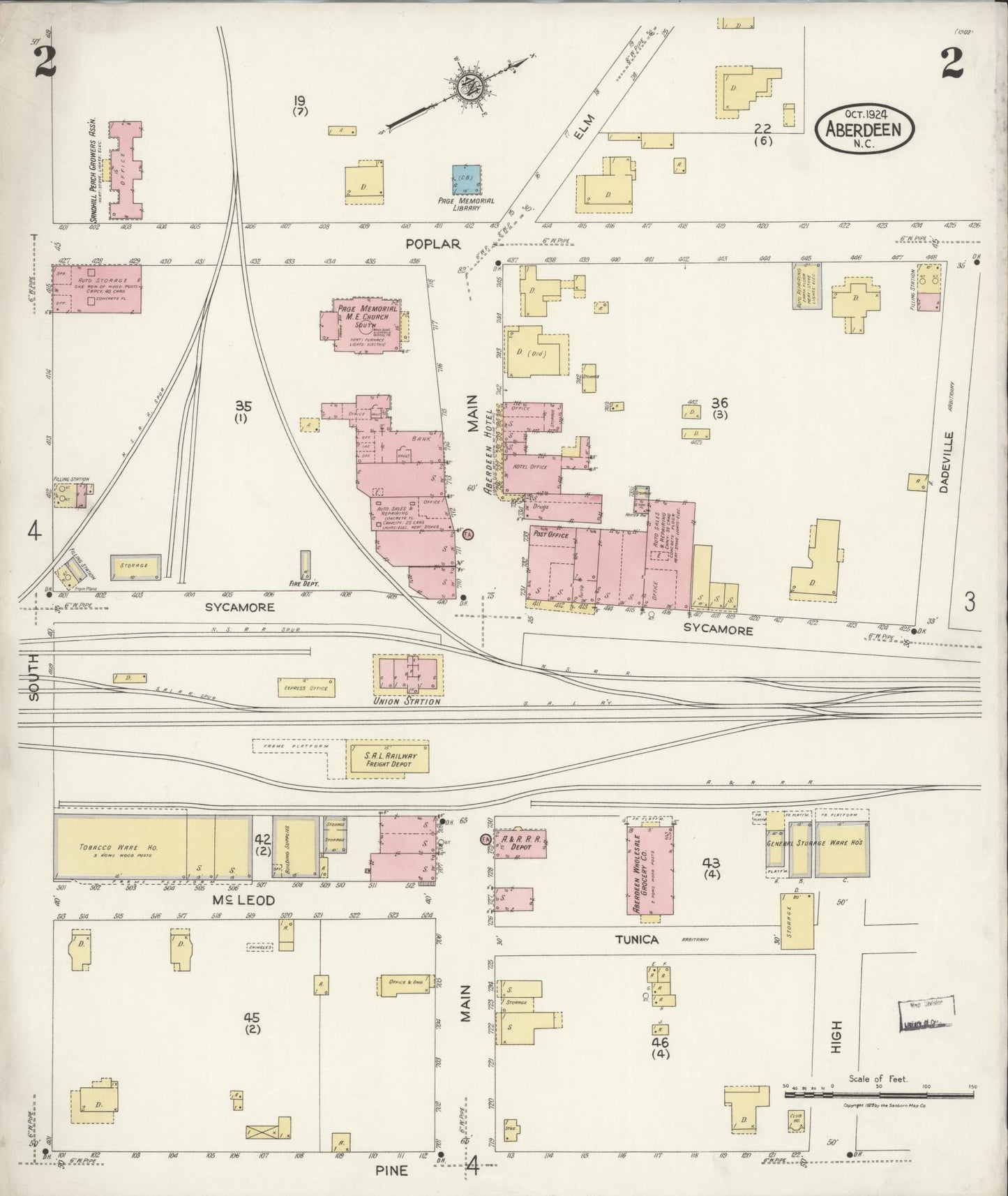 Sanborn Fire Insurance Map from Aberdeen, Moore County, North Carolina (1924), Sheet #0002 - Historic Sanborn Fire Insurance Map Print, vintage old map wall art, antique decor, genealogy gift, North Carolina North Carolina map