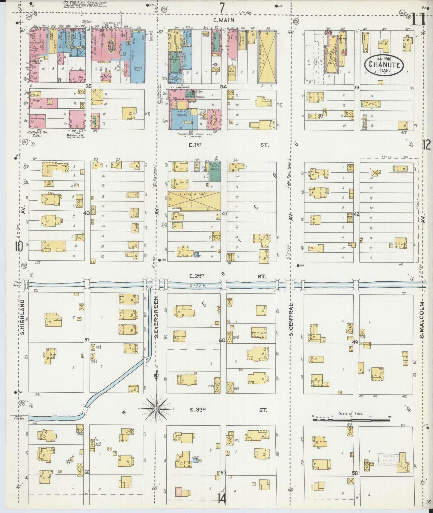 Sanborn Fire Insurance Map from Chanute, Neosho County, Kansas (1906), Sheet #0011 - Historic Sanborn Fire Insurance Map Print, vintage old map wall art, antique decor, genealogy gift, Kansas Kansas map