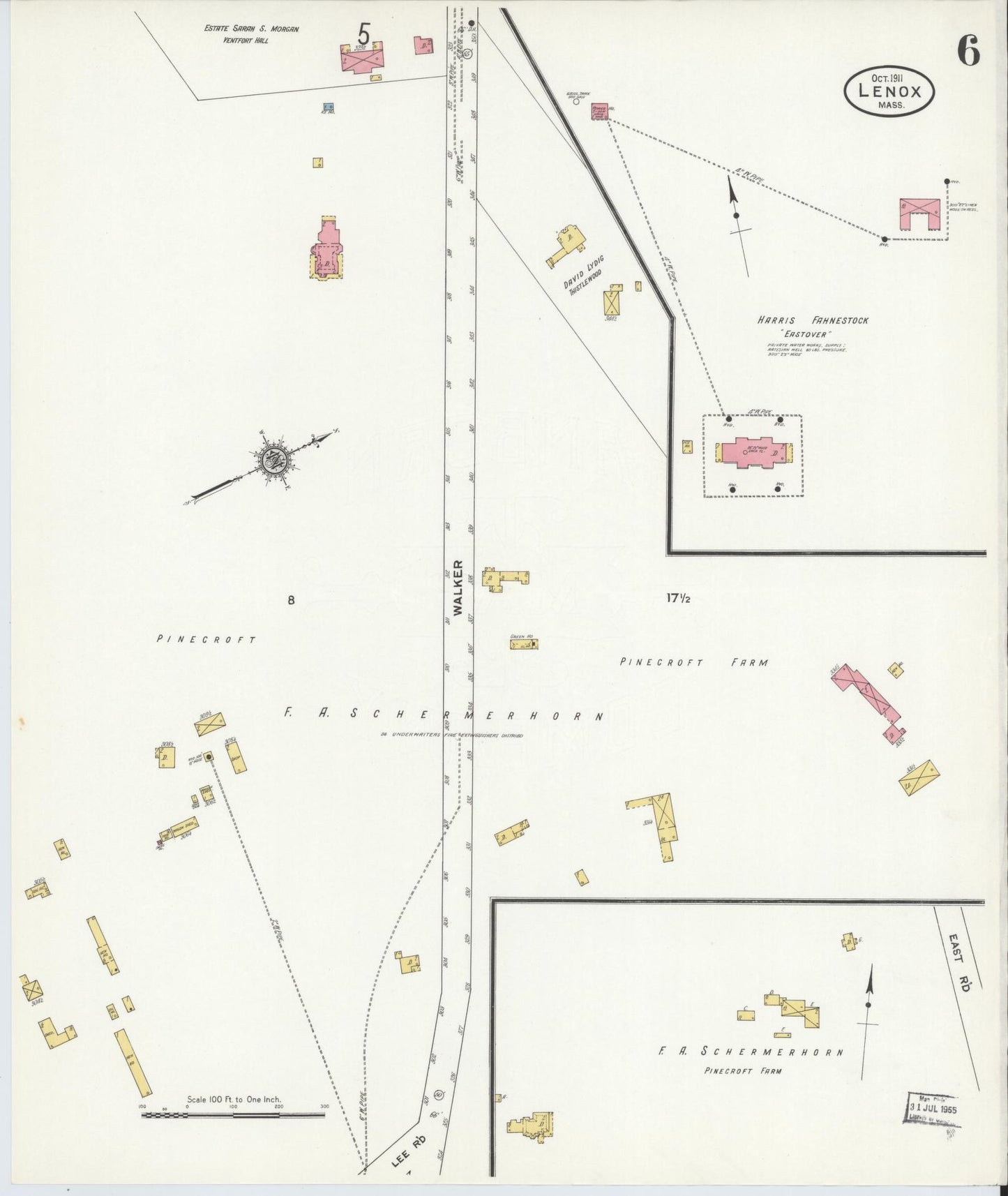 Sanborn Fire Insurance Map from Lenox, Berkshire County, Massachusetts (1911), Sheet #0006 - Historic Sanborn Fire Insurance Map Print, vintage old map wall art, antique decor, genealogy gift, Massachusetts Massachusetts map