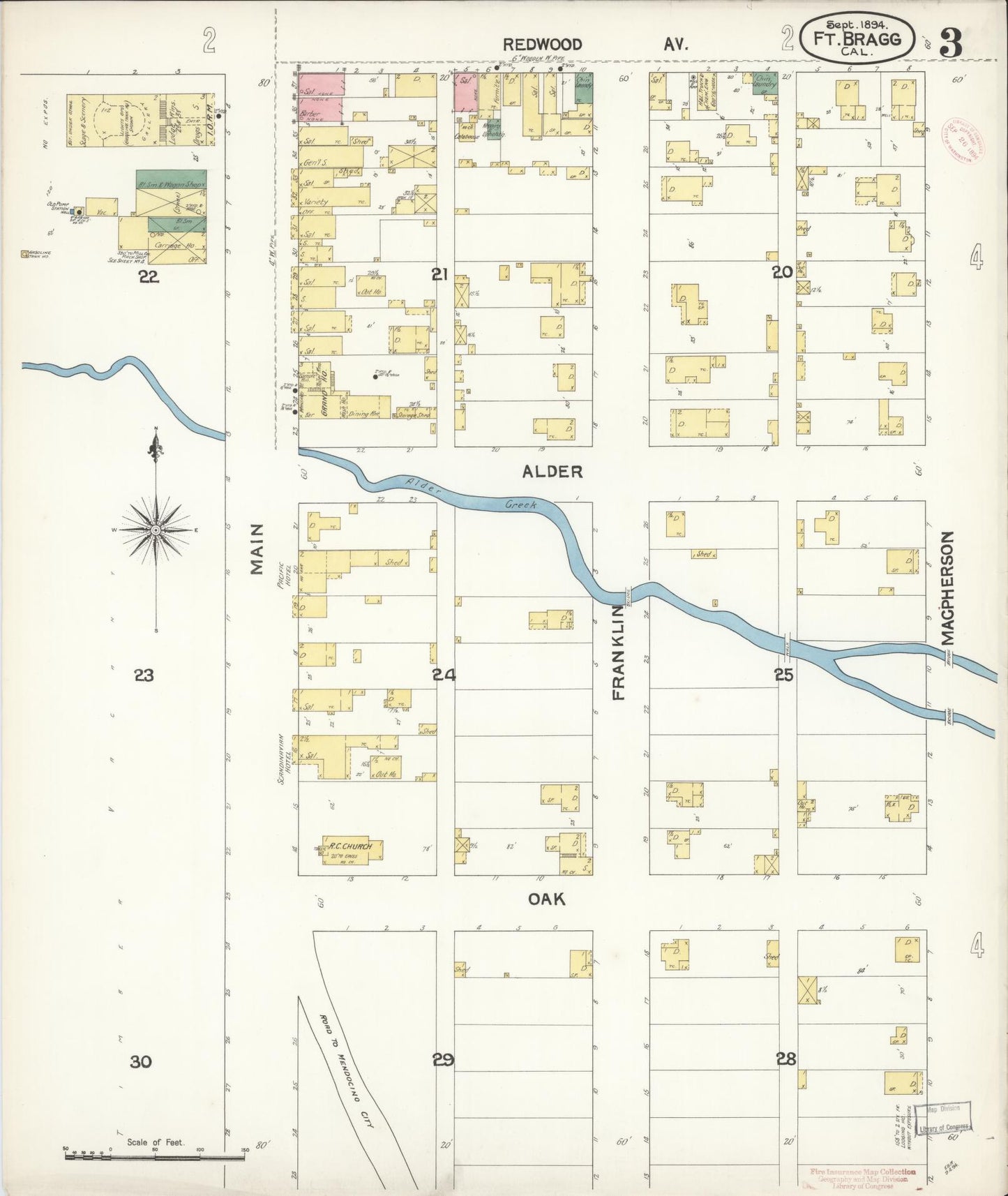 Sanborn Fire Insurance Map from Fort Bragg, Mendocino County, California (1894), Sheet #0003 - Historic Sanborn Fire Insurance Map Print, vintage old map wall art, antique decor, genealogy gift, California California map