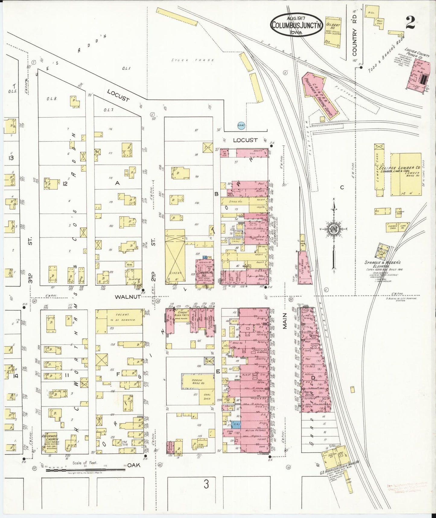 Sanborn Fire Insurance Map from Columbus Junction, Louisa County, Iowa (1917), Sheet #0002 - Historic Sanborn Fire Insurance Map Print, vintage old map wall art