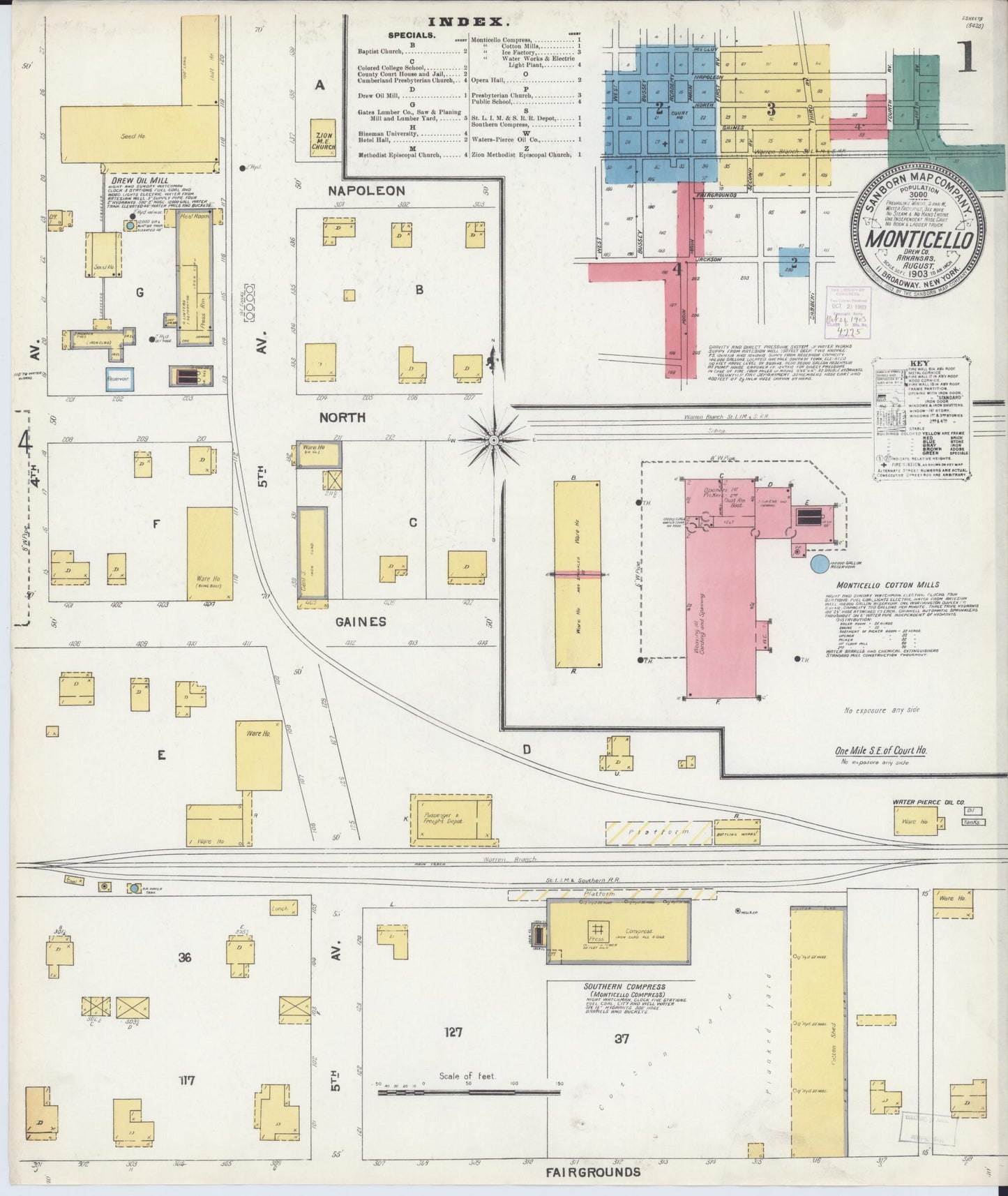 Sanborn Fire Insurance Map from Monticello, Drew County, Arkansas (1903), Sheet #0001 - Historic Sanborn Fire Insurance Map Print, vintage old map wall art, antique decor, genealogy gift, Arkansas Arkansas map