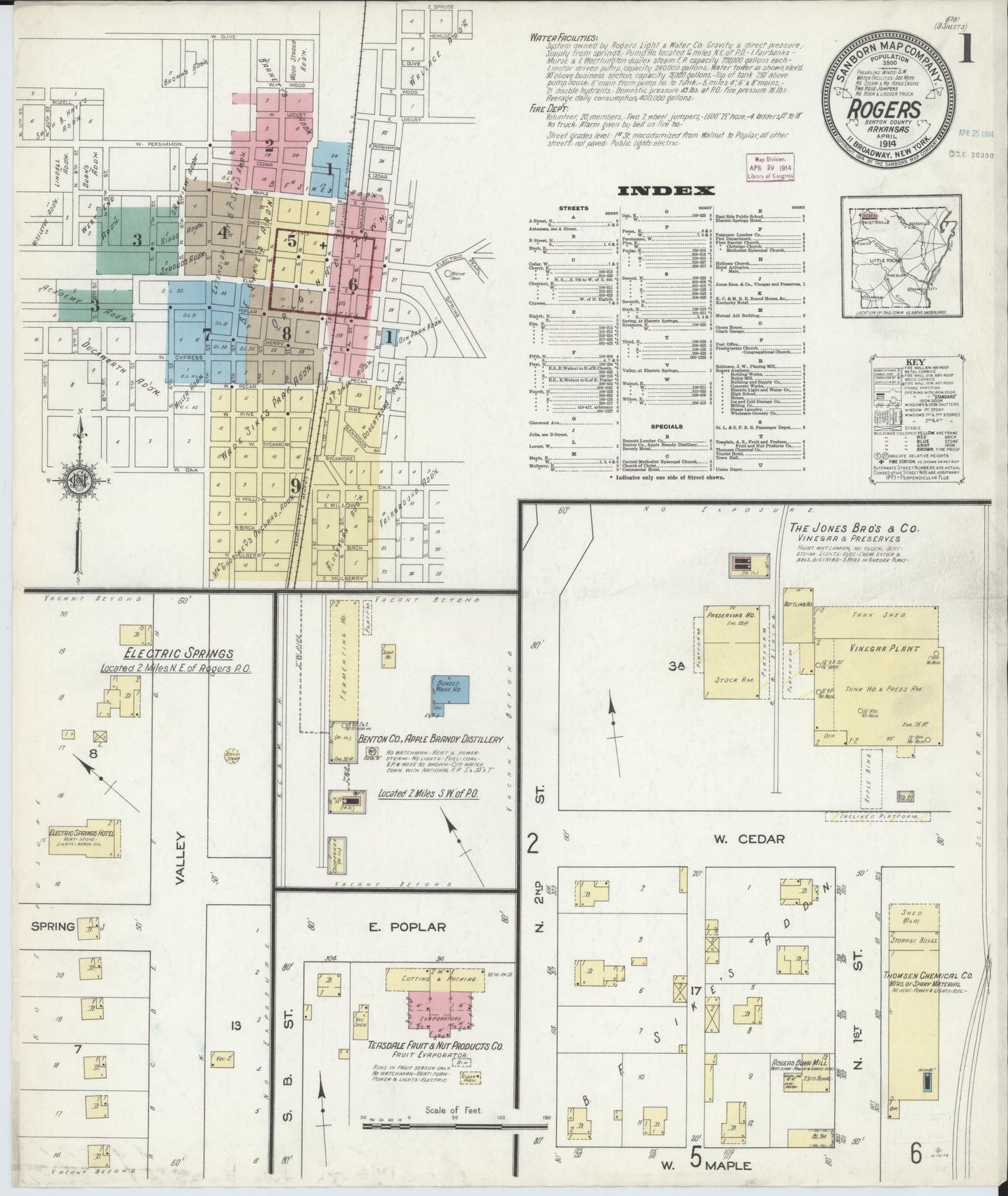 Sanborn Fire Insurance Map from Rogers, Benton County, Arkansas (1914), Sheet #0001 - Historic Sanborn Fire Insurance Map Print, vintage old map wall art, antique decor, genealogy gift, Arkansas Arkansas map