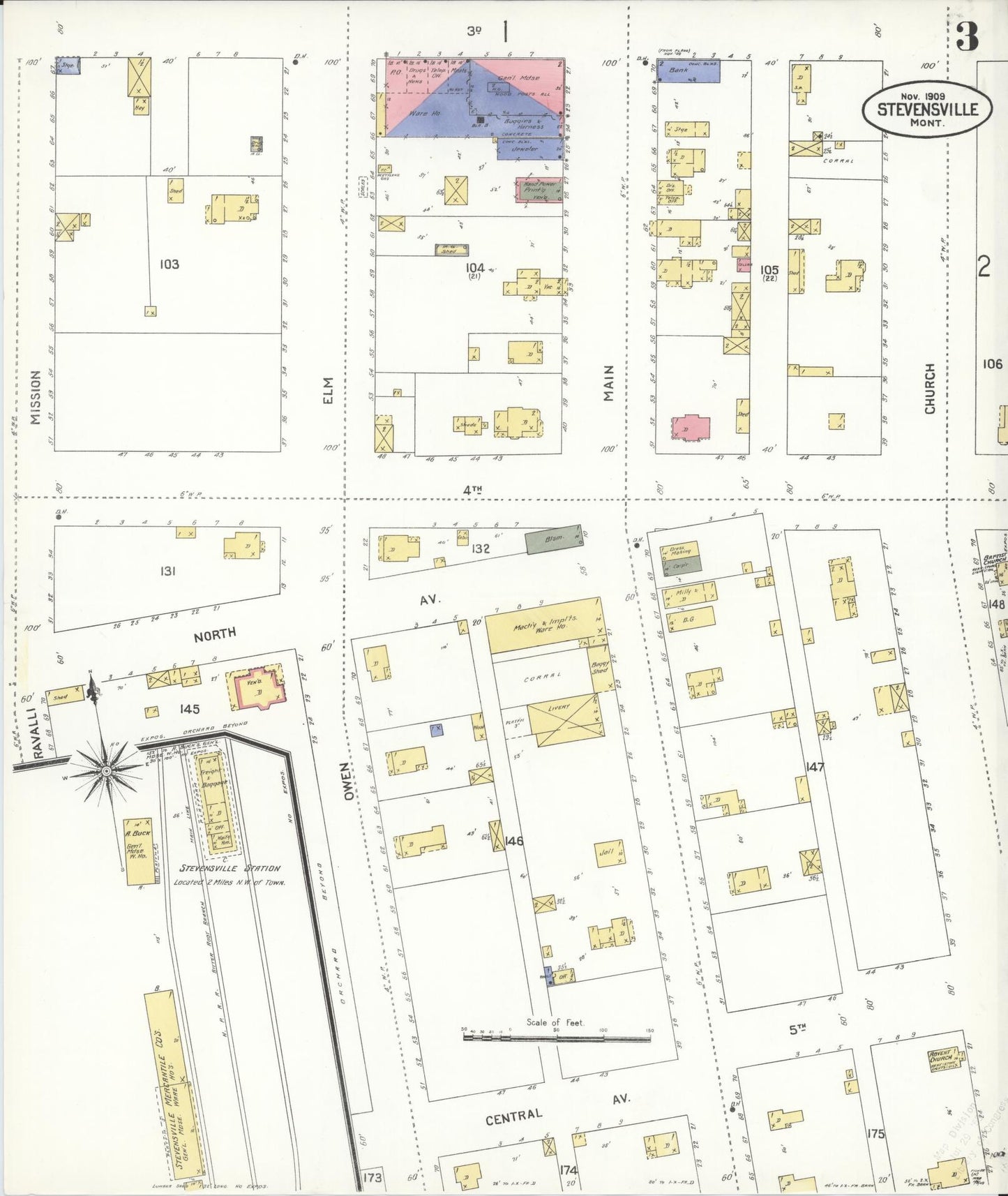 Sanborn Fire Insurance Map from Stevensville, Ravalli County, Montana (1909), Sheet #0003 - Historic Sanborn Fire Insurance Map Print, vintage old map wall art, antique decor, genealogy gift, Montana Montana map