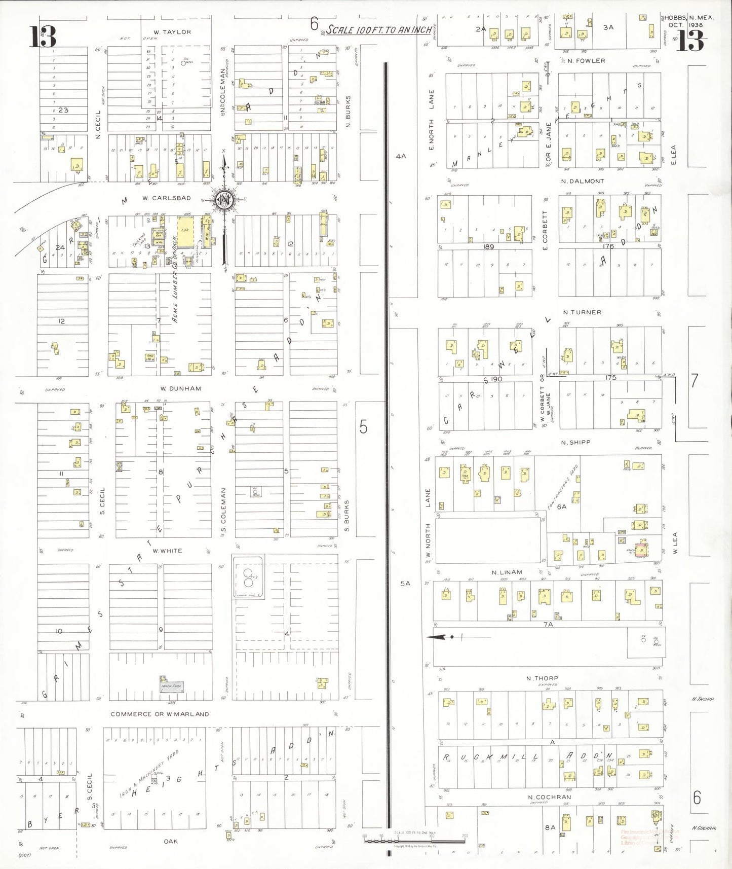 Sanborn Fire Insurance Map from Hobbs, Lea County, New Mexico (1938), Sheet #0013 - Historic Sanborn Fire Insurance Map Print, vintage old map wall art, antique decor, genealogy gift, New Mexico New Mexico map