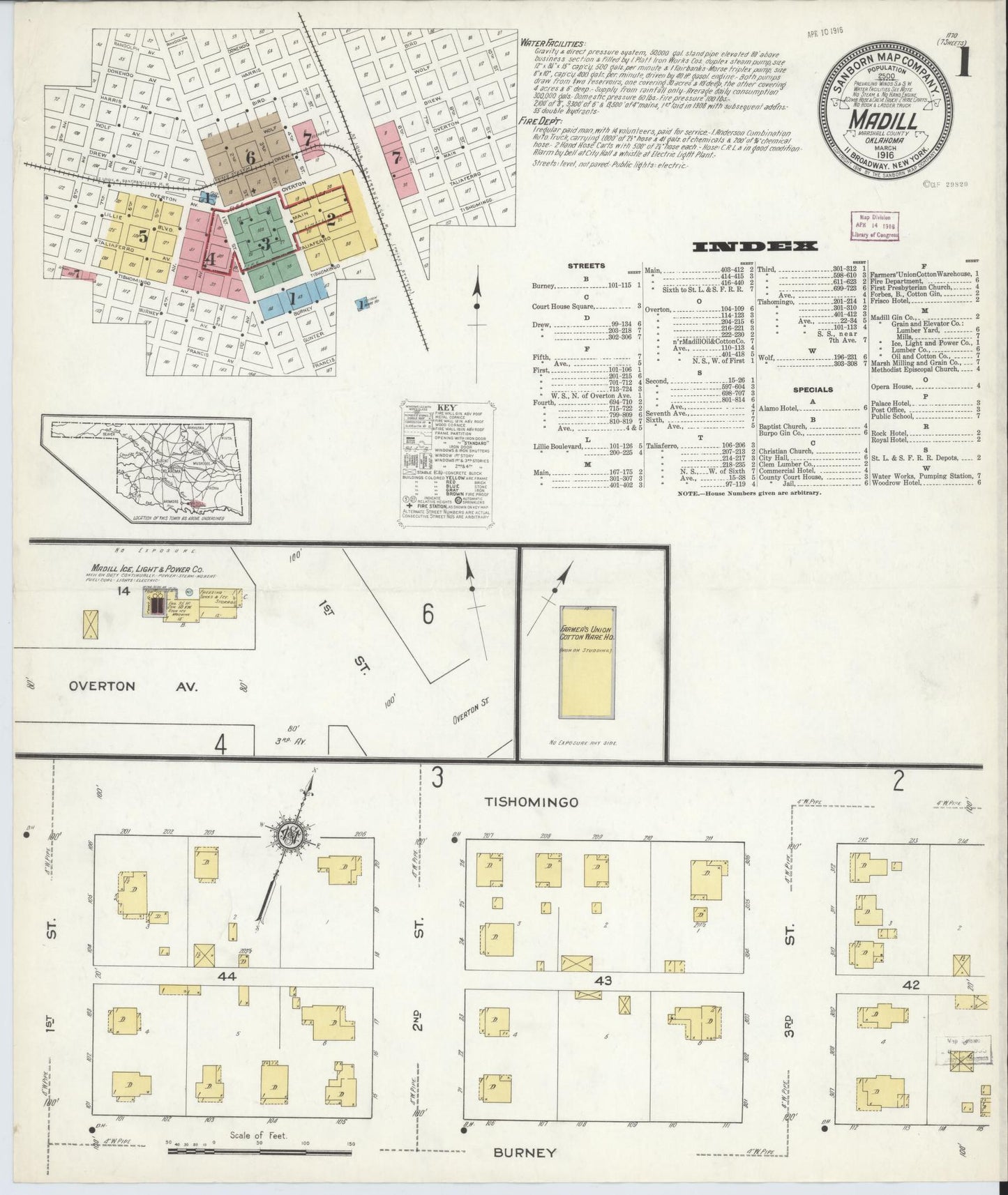 Sanborn Fire Insurance Map from Madill, Marshall County, Oklahoma (1916), Sheet #0001 - Historic Sanborn Fire Insurance Map Print, vintage old map wall art, antique decor, genealogy gift, Oklahoma Oklahoma map