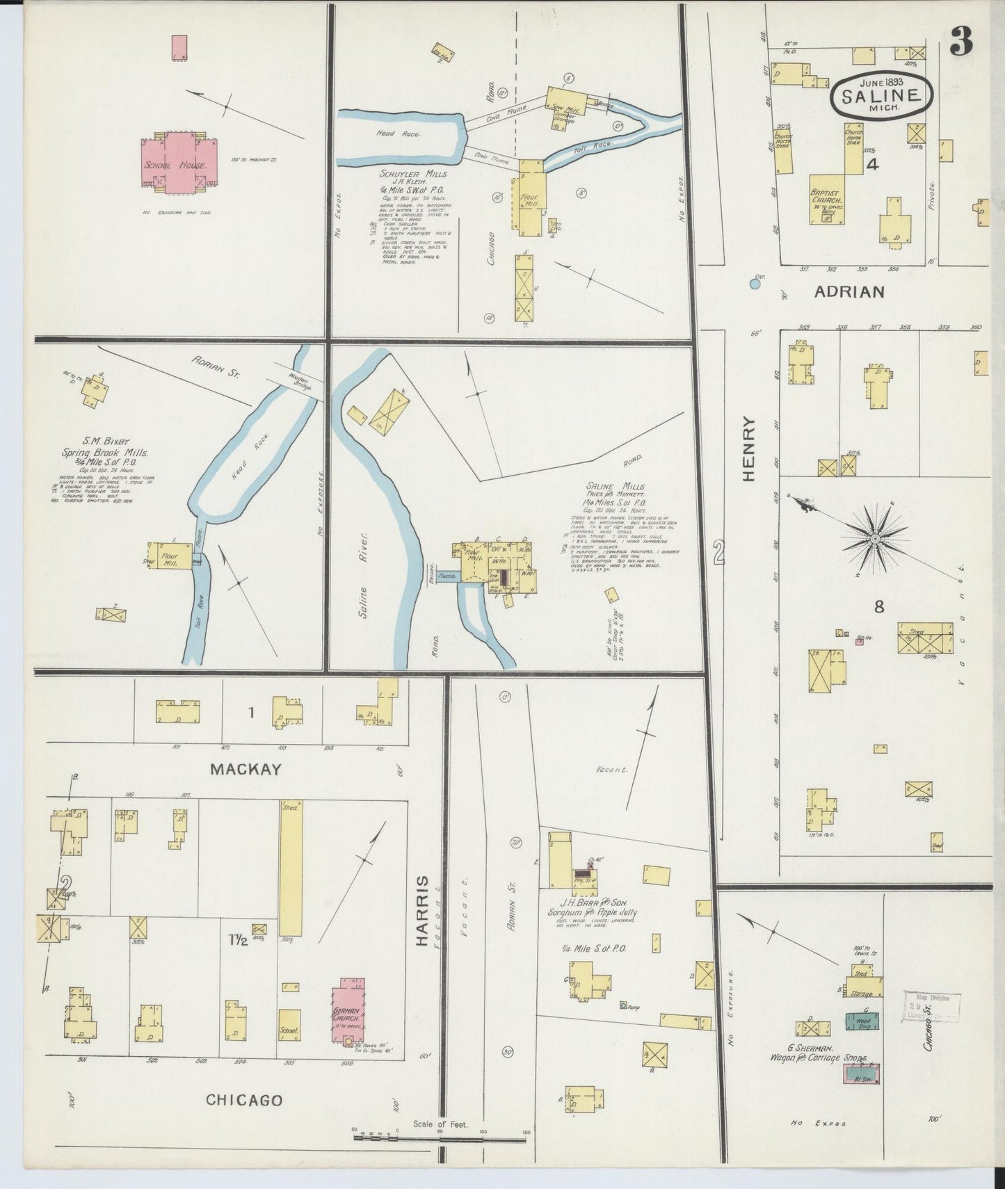 Sanborn Fire Insurance Map from Saline, Washtenaw County, Michigan (1893), Sheet #0003 - Complete Map Set gallery image, historic Sanborn map, vintage wall art, Michigan Michigan