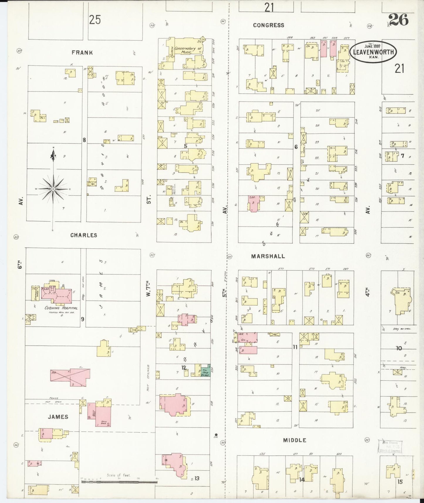 Sanborn Fire Insurance Map from Leavenworth, Leavenworth County, Kansas (1897), Sheet #0027 - Historic Sanborn Fire Insurance Map Print, vintage old map wall art, antique decor, genealogy gift, Kansas Kansas map