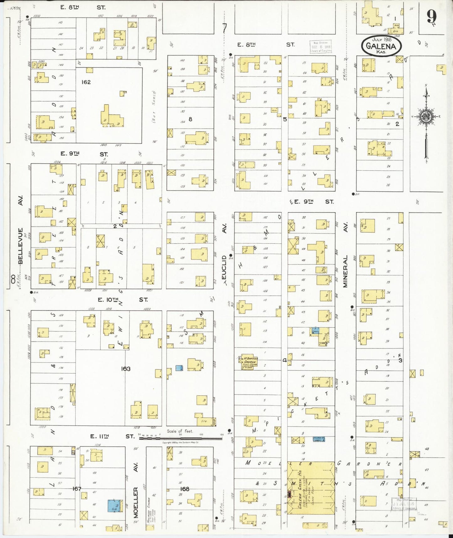 Sanborn Fire Insurance Map from Galena, Cherokee County, Kansas (1918), Sheet #0009 - Historic Sanborn Fire Insurance Map Print, vintage old map wall art, antique decor, genealogy gift, Kansas Kansas map