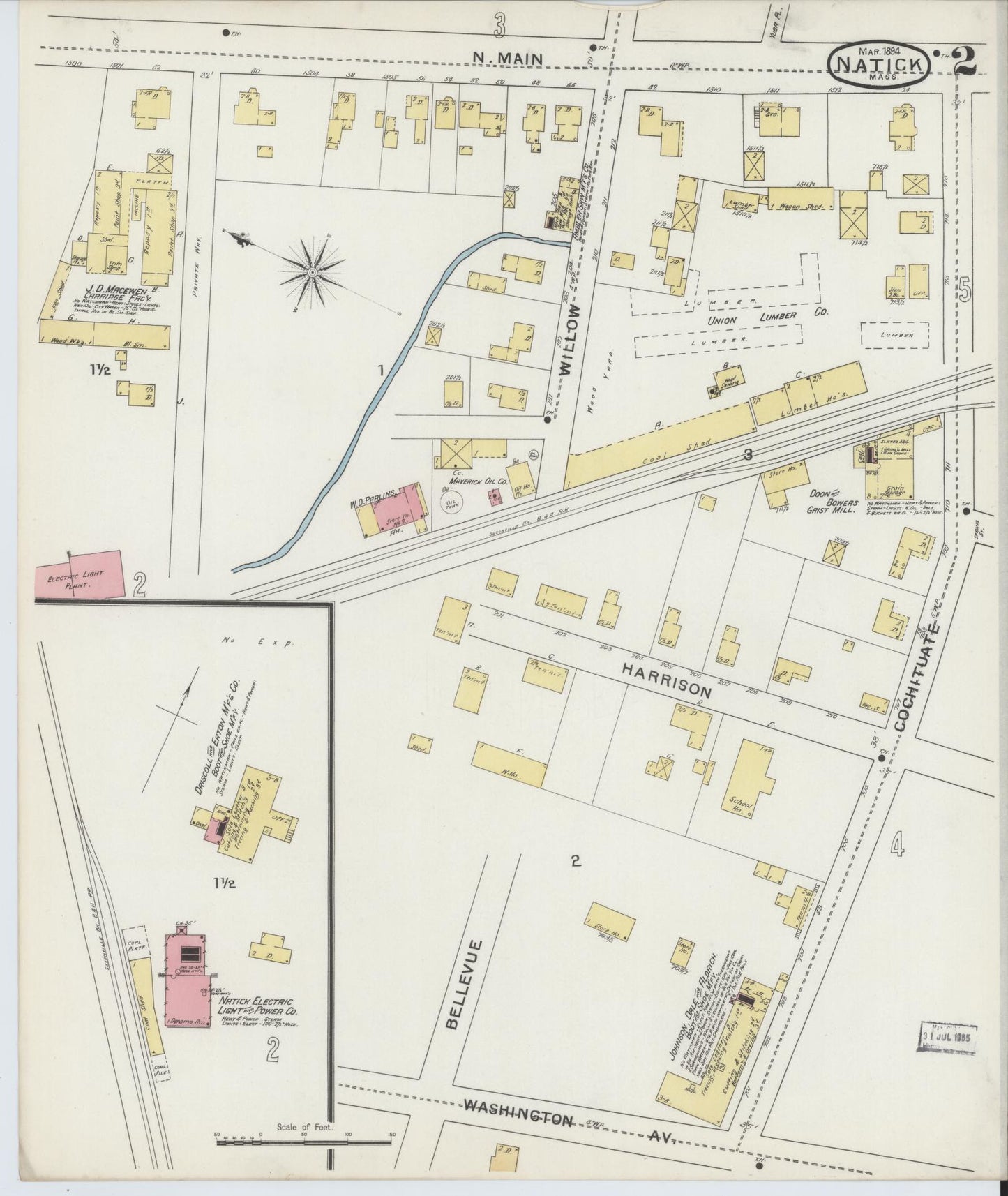 Sanborn Fire Insurance Map from Natick, Middlesex County, Massachusetts (1894), Sheet #0002 - Historic Sanborn Fire Insurance Map Print, vintage old map wall art, antique decor, genealogy gift, Massachusetts Massachusetts map