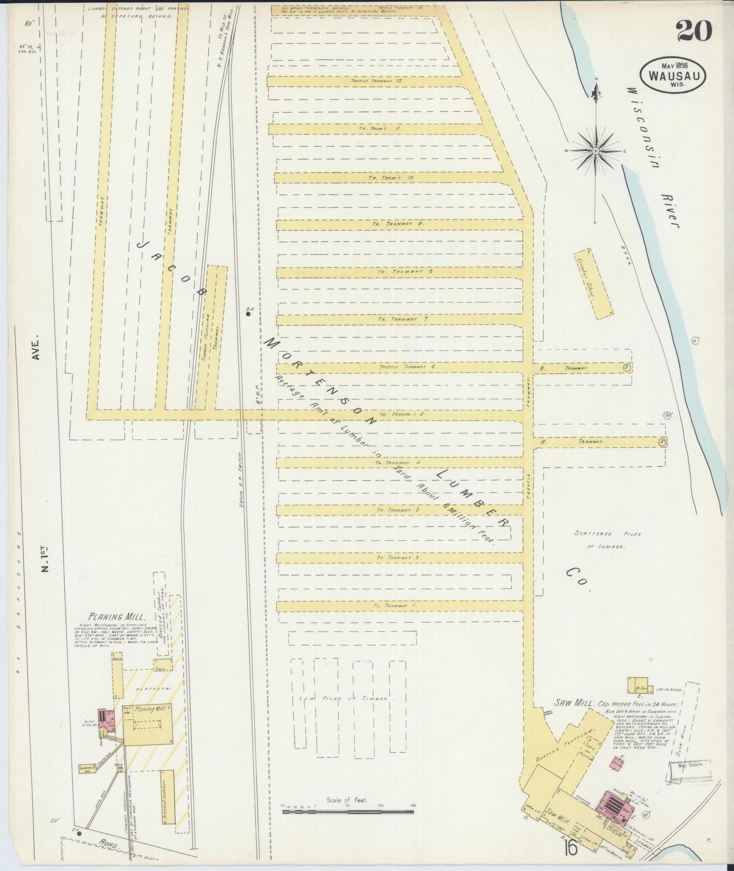 Sanborn Fire Insurance Map from Wausau, Marathon County, Wisconsin (1898), Sheet #0020 - Historic Sanborn Fire Insurance Map Print, vintage old map wall art, antique decor, genealogy gift, Wisconsin Wisconsin map
