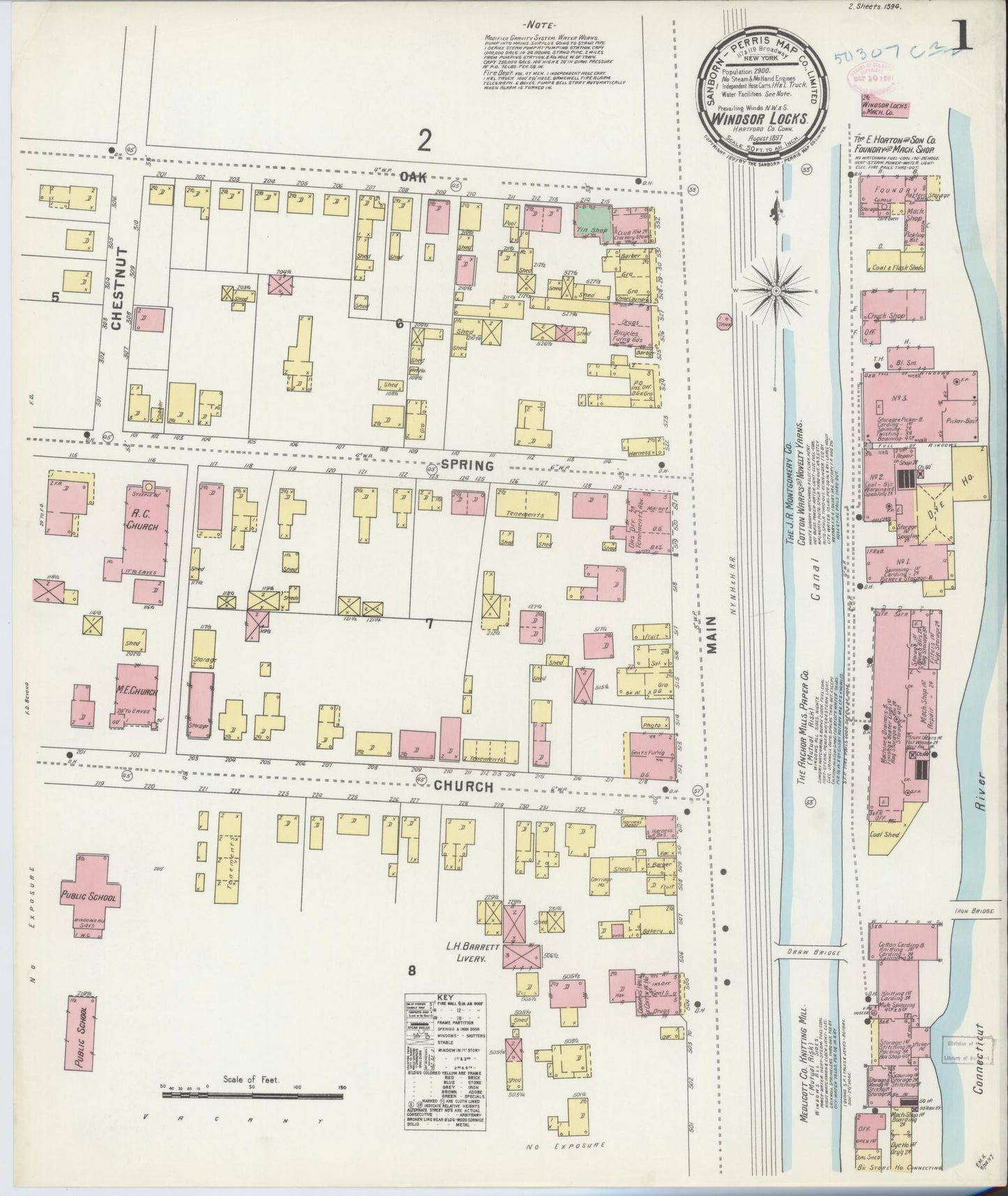 Sanborn Fire Insurance Map from Windsor Locks, Hartford County, Connecticut (1897), Sheet #0001 - Historic Sanborn Fire Insurance Map Print, vintage old map wall art, antique decor, genealogy gift, Connecticut Connecticut map