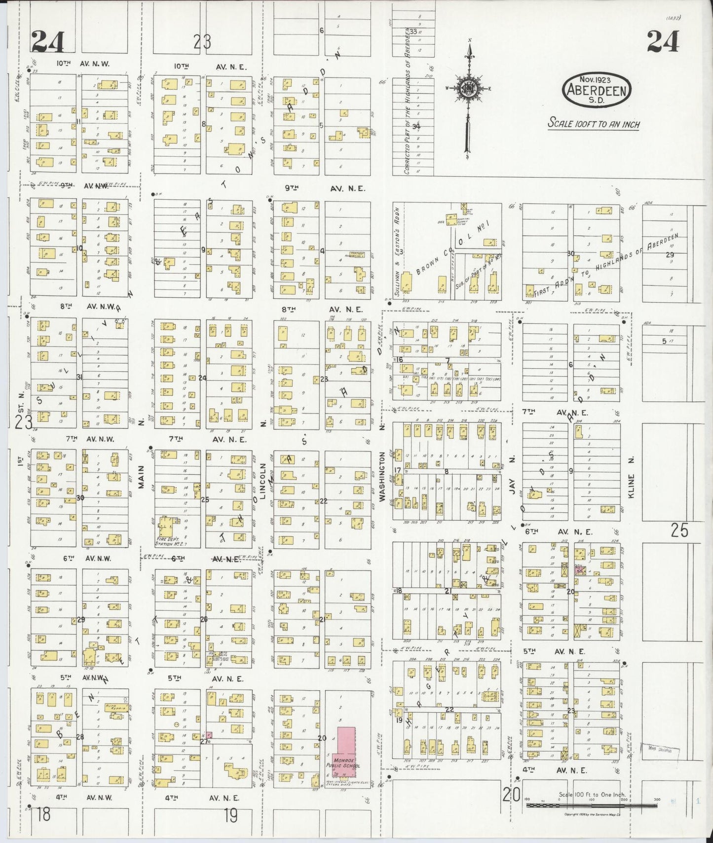 Sanborn Fire Insurance Map from Aberdeen, Brown County, South Dakota (1923), Sheet #0024 - Historic Sanborn Fire Insurance Map Print, vintage old map wall art, antique decor, genealogy gift, South Dakota South Dakota map