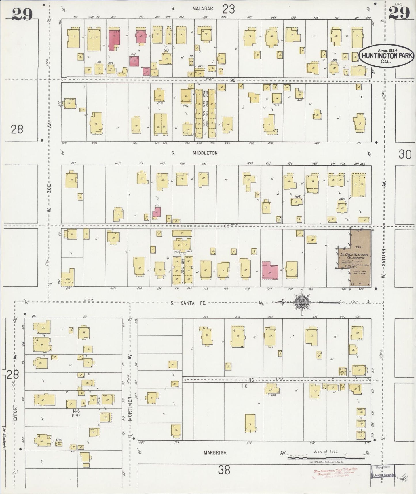 Sanborn Fire Insurance Map from Huntington Park, Los Angeles County, California (1924), Sheet #0029 - Historic Sanborn Fire Insurance Map Print, vintage old map wall art, antique decor, genealogy gift, California California map