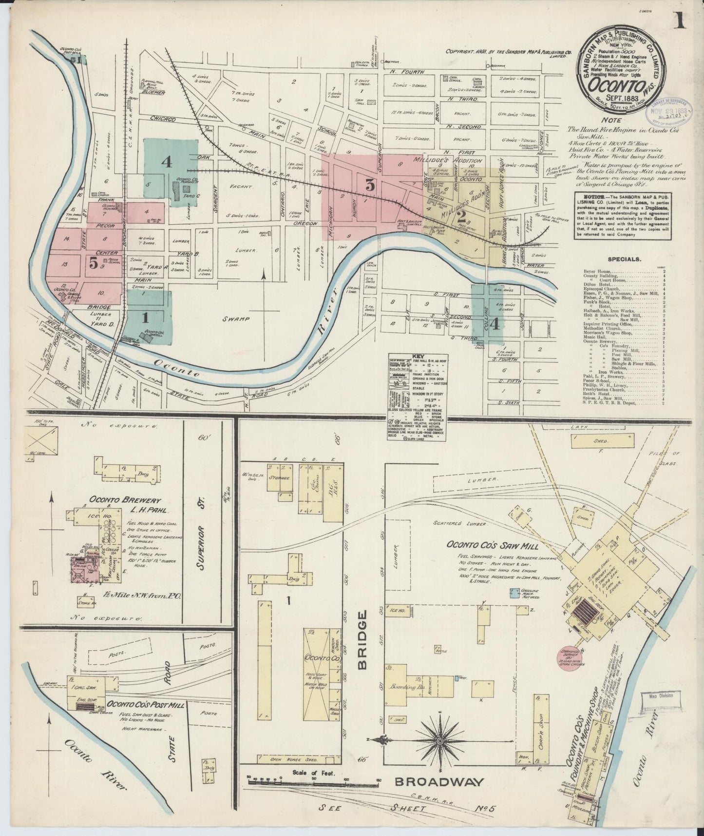 Sanborn Fire Insurance Map from Oconto, Oconto County, Wisconsin (1883), Sheet #0001 - Historic Sanborn Fire Insurance Map Print, vintage old map wall art, antique decor, genealogy gift, Wisconsin Wisconsin map