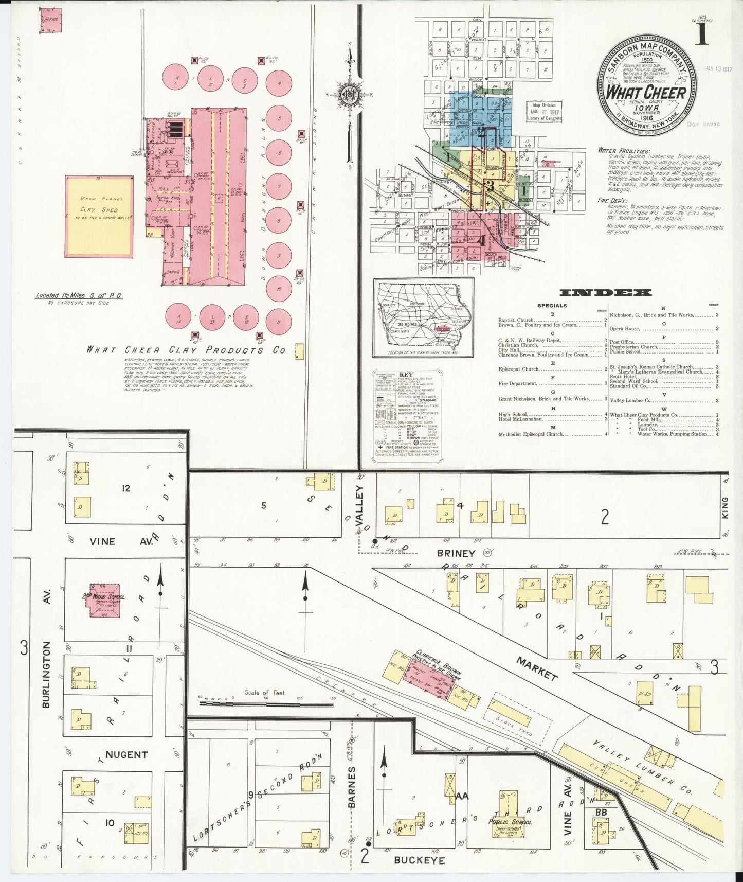 Sanborn Fire Insurance Map from What Cheer, Keokuk County, Iowa (1916), Sheet #0001 - Historic Sanborn Fire Insurance Map Print