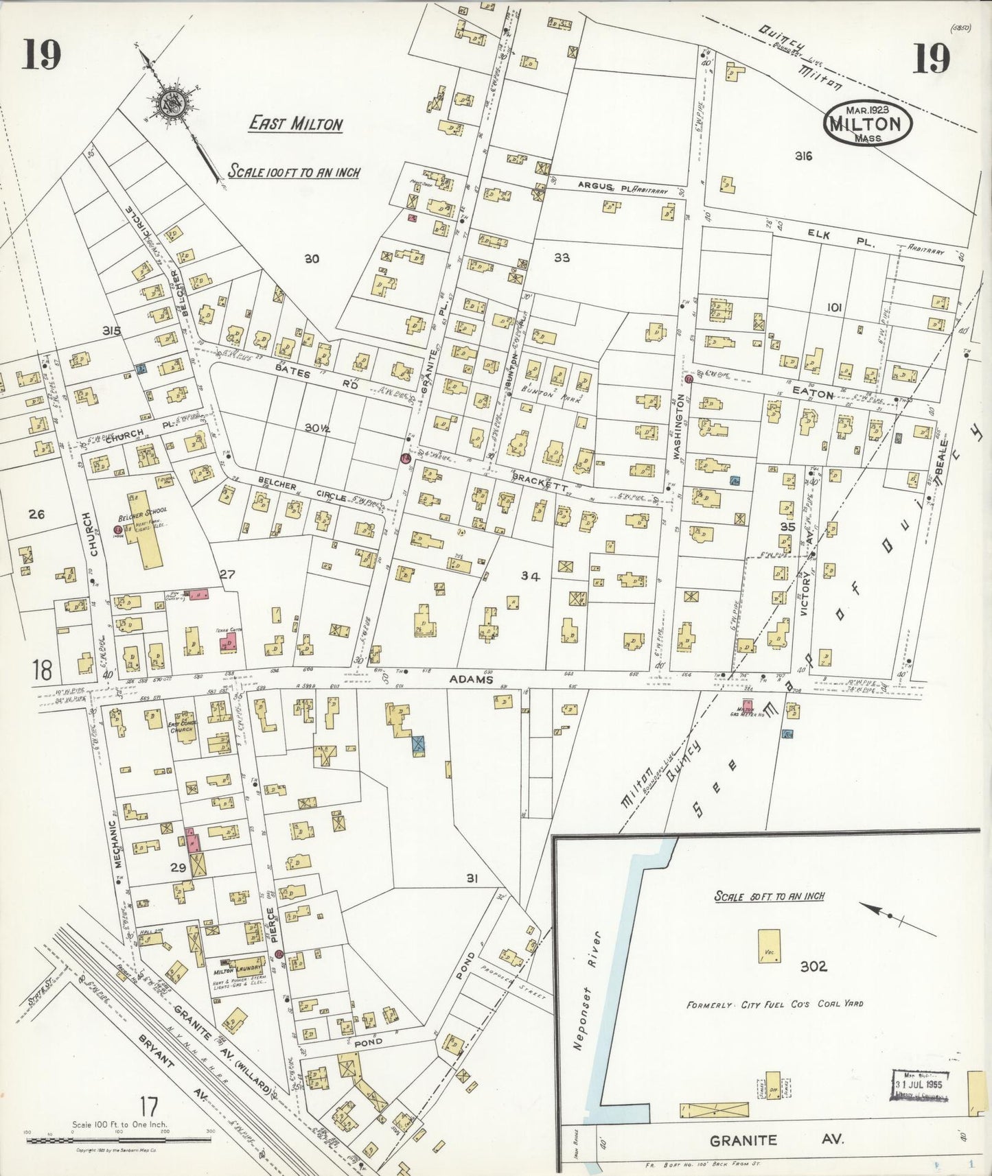 Sanborn Fire Insurance Map from Milton, Norfolk County, Massachusetts (1923), Sheet #0019 - Historic Sanborn Fire Insurance Map Print, vintage old map wall art, antique decor, genealogy gift, Massachusetts Massachusetts map