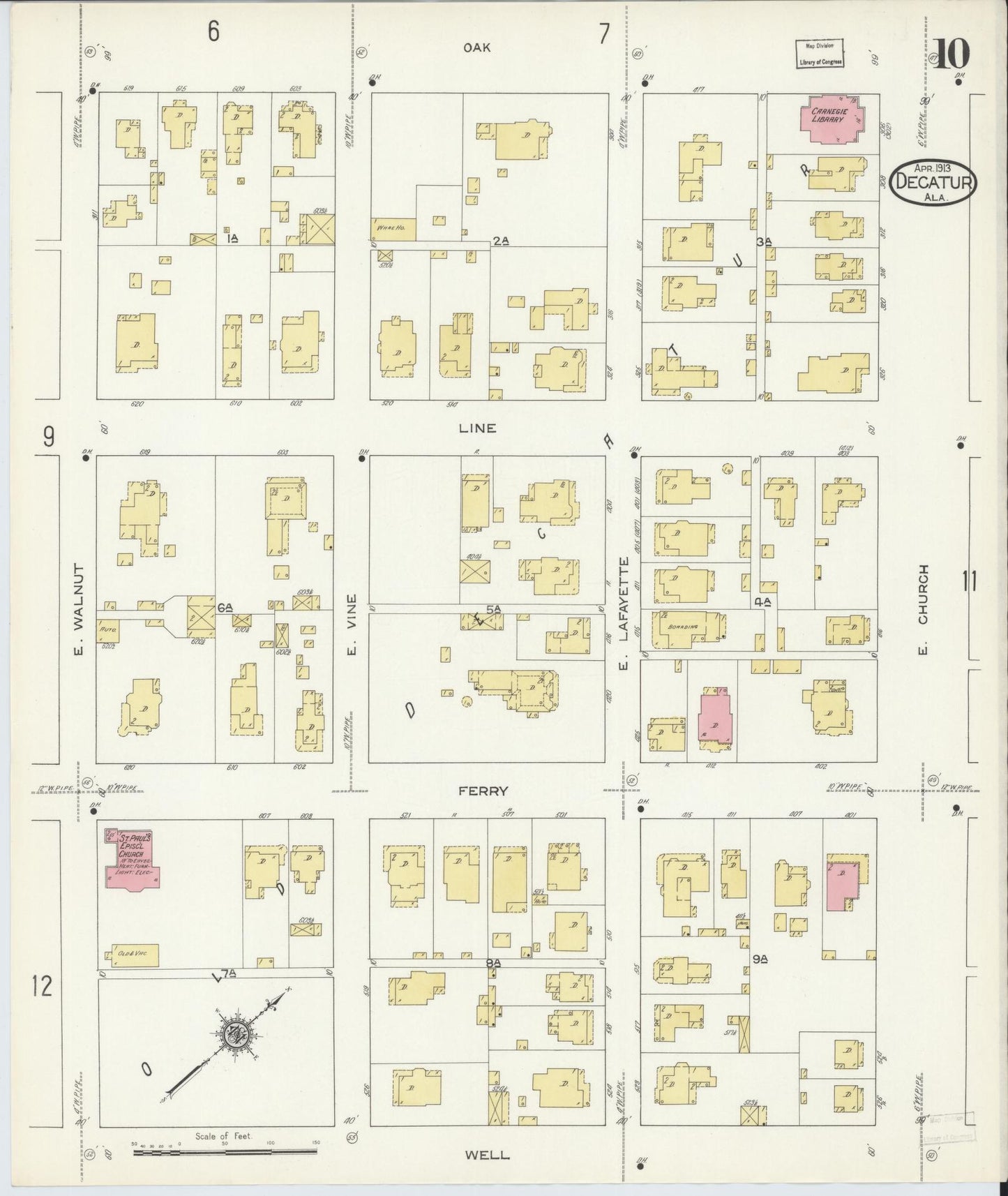 Sanborn Fire Insurance Map from Decatur, Morgan County, Alabama (1913), Sheet #0010 - Historic Sanborn Fire Insurance Map Print, vintage old map wall art, antique decor, genealogy gift, Alabama Alabama map