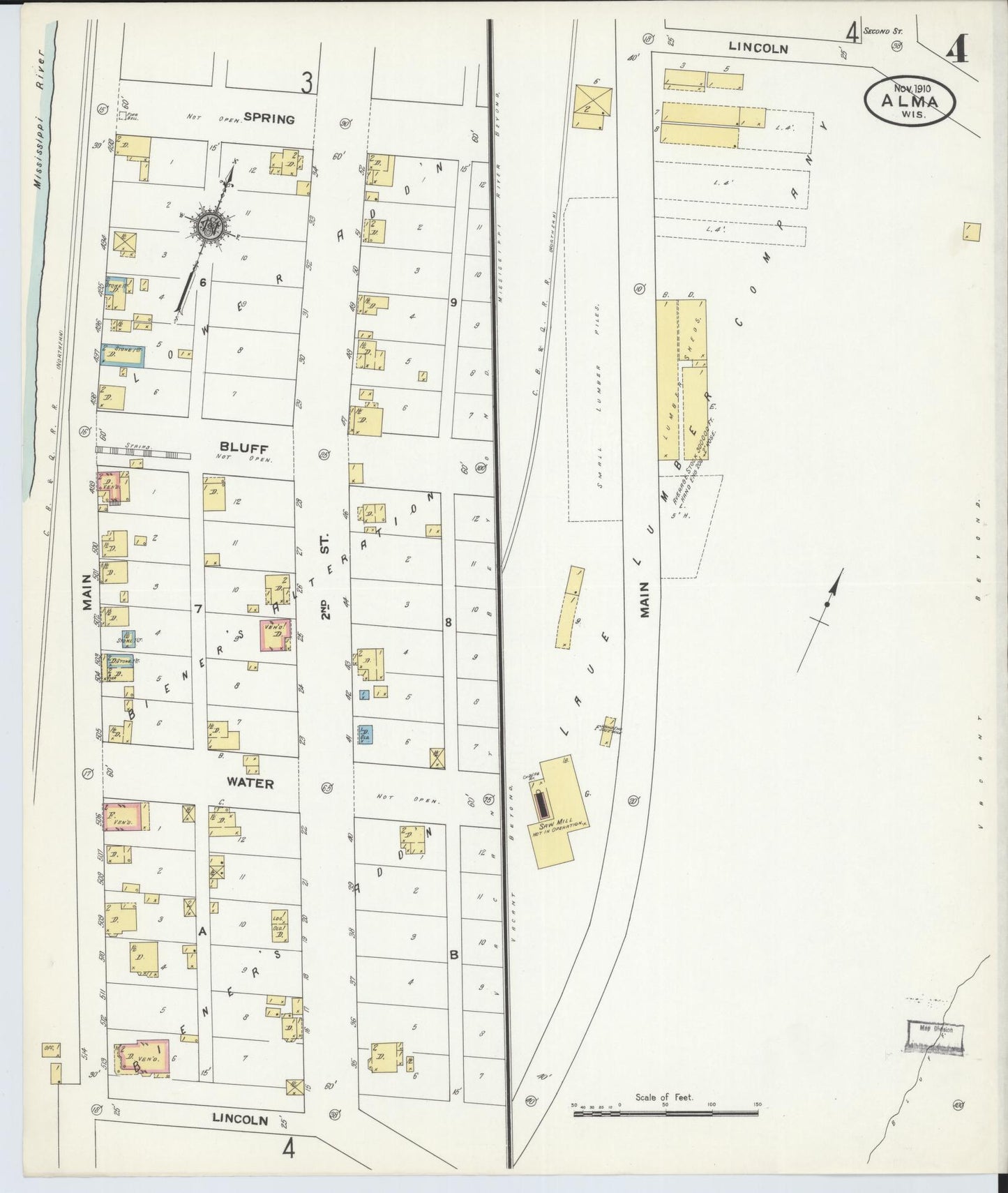 Sanborn Fire Insurance Map from Alma, Buffalo County, Wisconsin (1910), Sheet #0004 - Historic Sanborn Fire Insurance Map Print, vintage old map wall art, antique decor, genealogy gift, Wisconsin Wisconsin map
