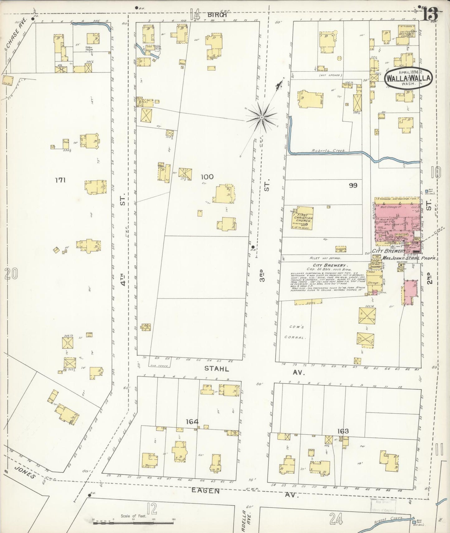 Sanborn Fire Insurance Map from Walla Walla, Walla Walla County, Washington (1894), Sheet #0013 - Historic Sanborn Fire Insurance Map Print, vintage old map wall art, antique decor, genealogy gift, Washington Washington map