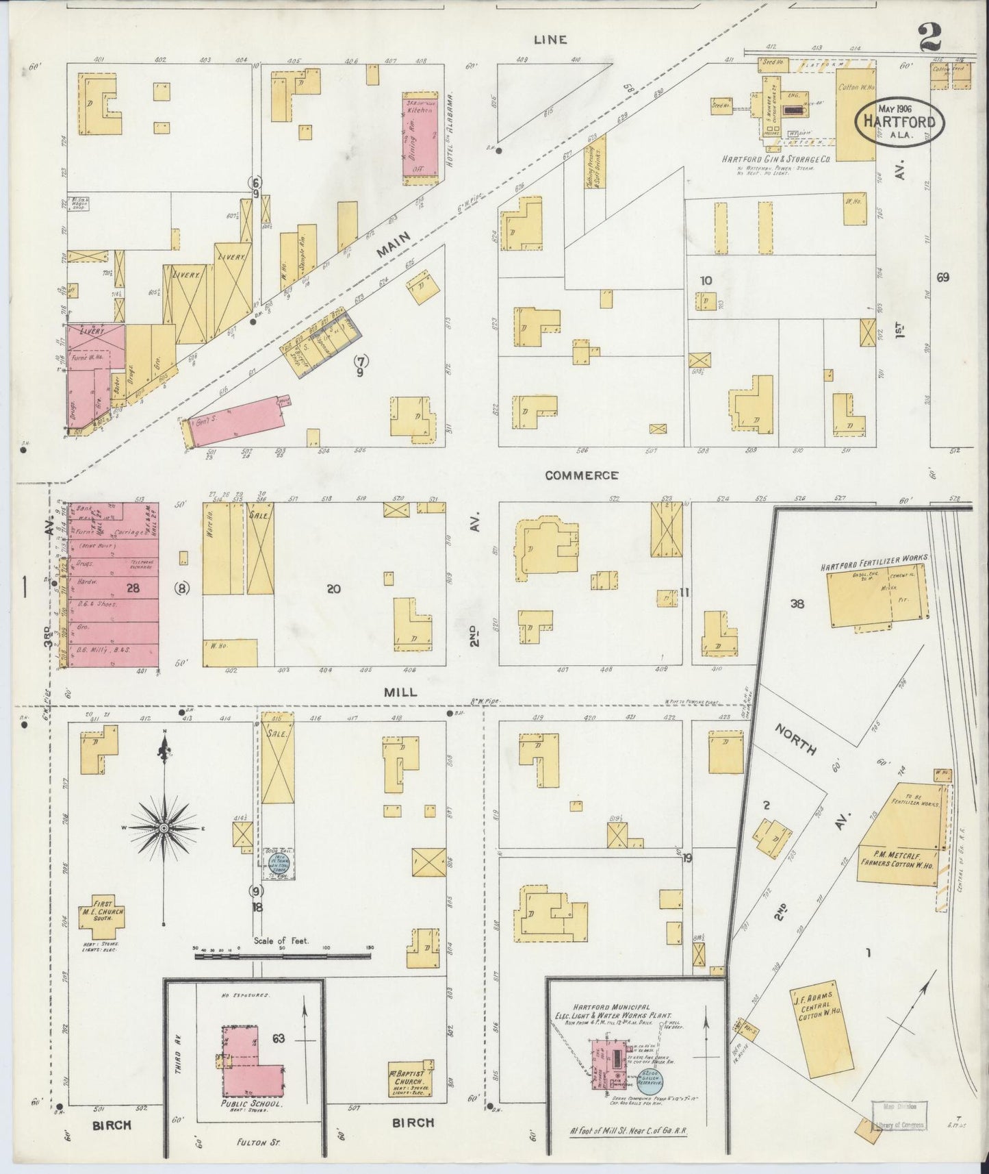 Sanborn Fire Insurance Map from Hartford, Geneva County, Alabama (1906), Sheet #0002 - Historic Sanborn Fire Insurance Map Print, vintage old map wall art, antique decor, genealogy gift, Alabama Alabama map