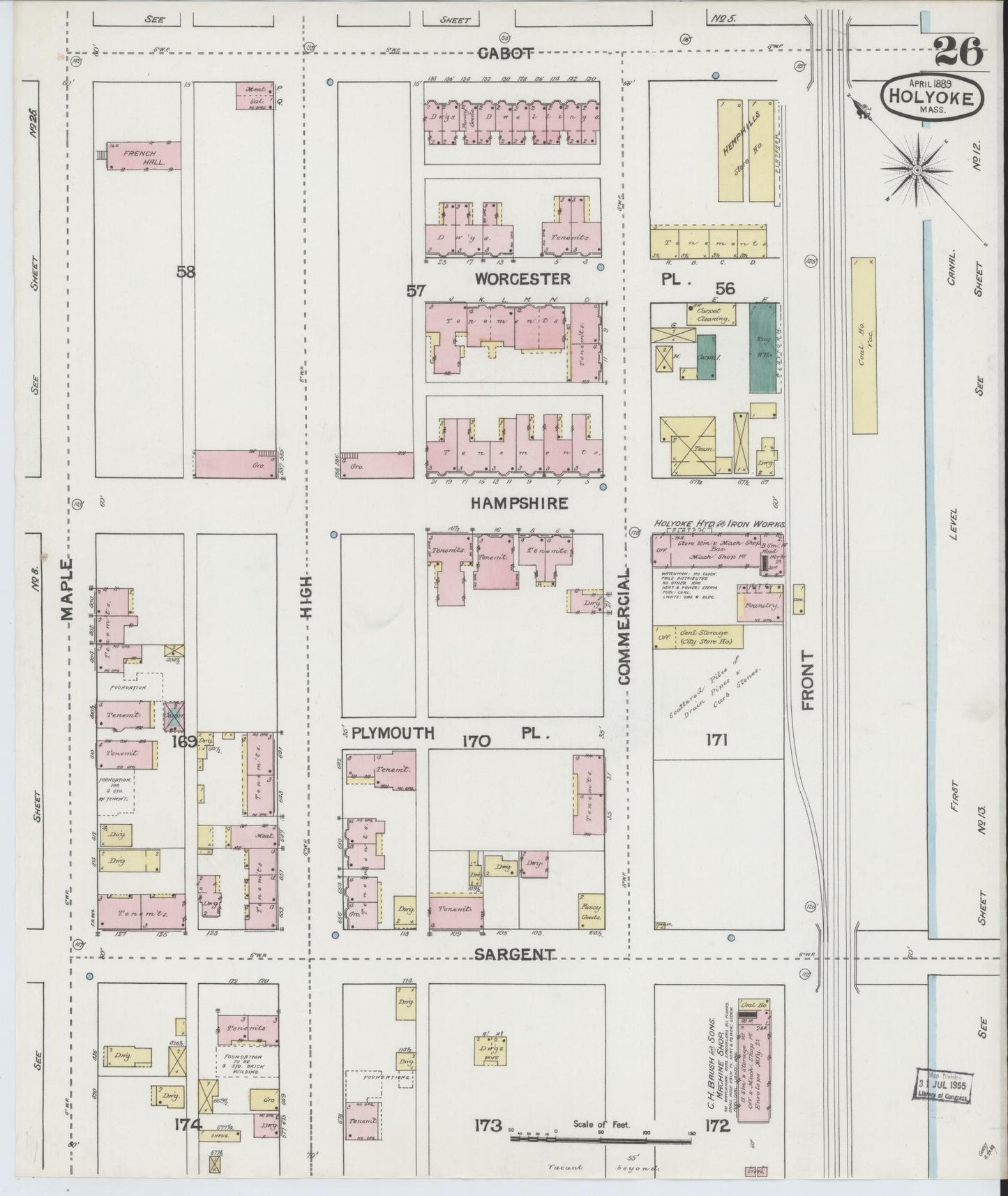 Sanborn Fire Insurance Map from Holyoke, Hampden County, Massachusetts (1889), Sheet #0026 - Historic Sanborn Fire Insurance Map Print, vintage old map wall art, antique decor, genealogy gift, Massachusetts Massachusetts map