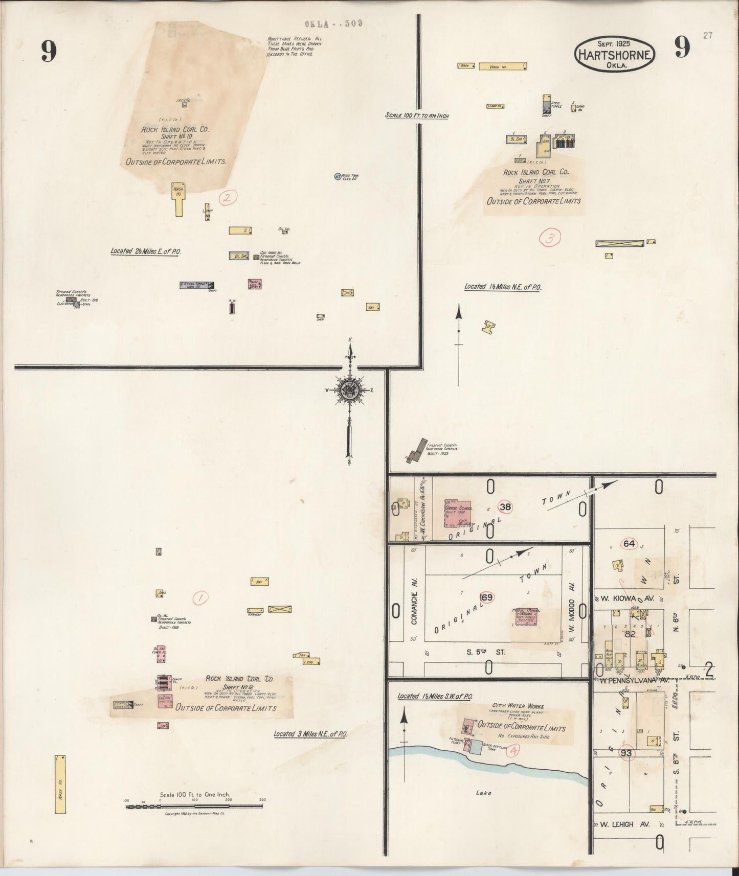 Sanborn Fire Insurance Map from Hartshorne, Pittsburg County, Oklahoma (1937), Sheet #0009 - Historic Sanborn Fire Insurance Map Print, vintage old map wall art, antique decor, genealogy gift, Oklahoma Oklahoma map