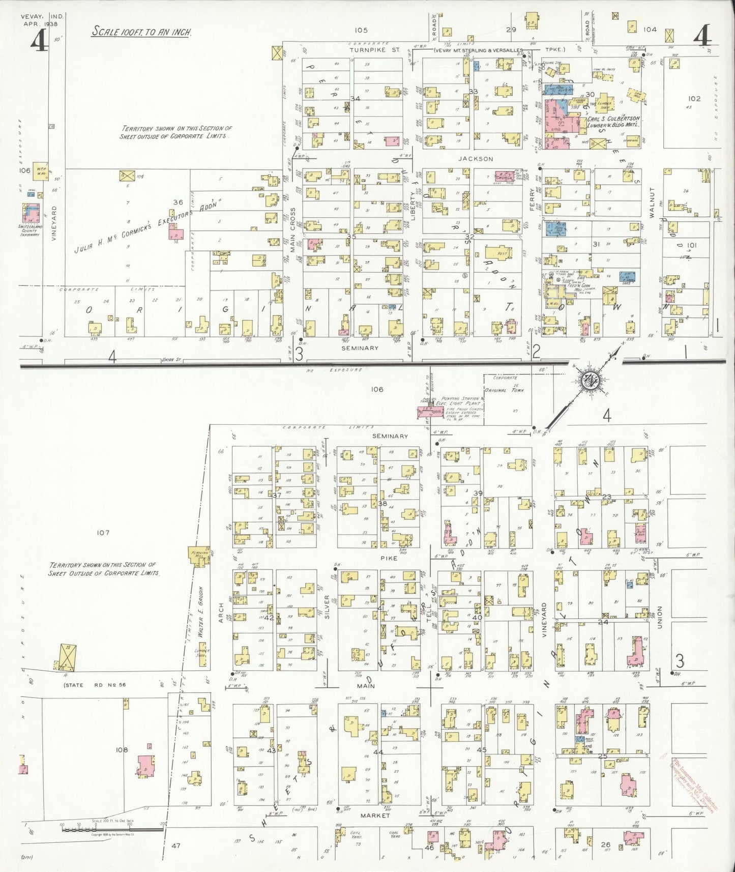 Sanborn Fire Insurance Map from Vevay, Switzerland County, Indiana (1938), Sheet #0004 - Complete Map Set gallery image, historic Sanborn map, vintage wall art, Indiana Indiana